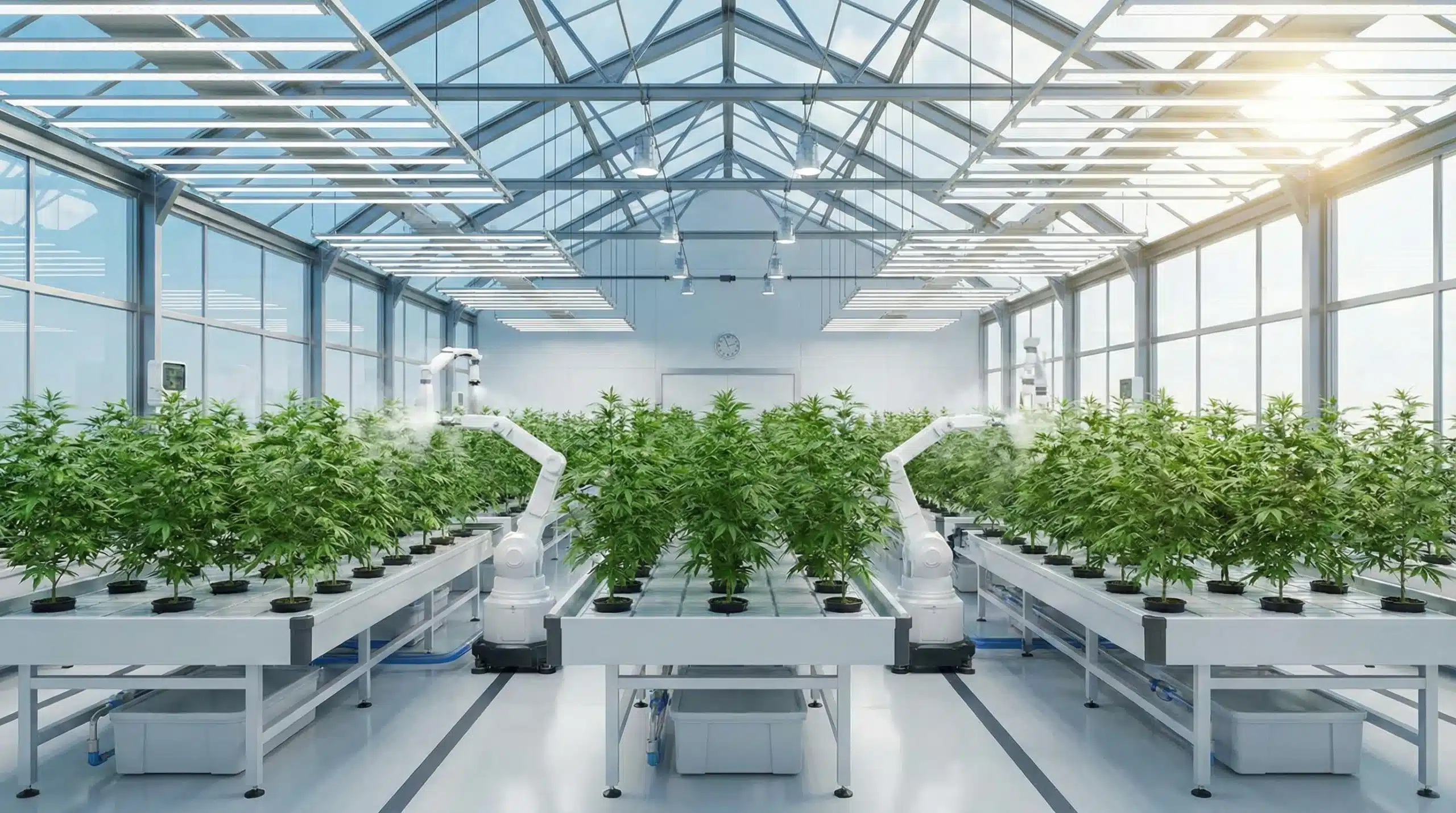 A high-tech greenhouse filled with thriving cannabis plants