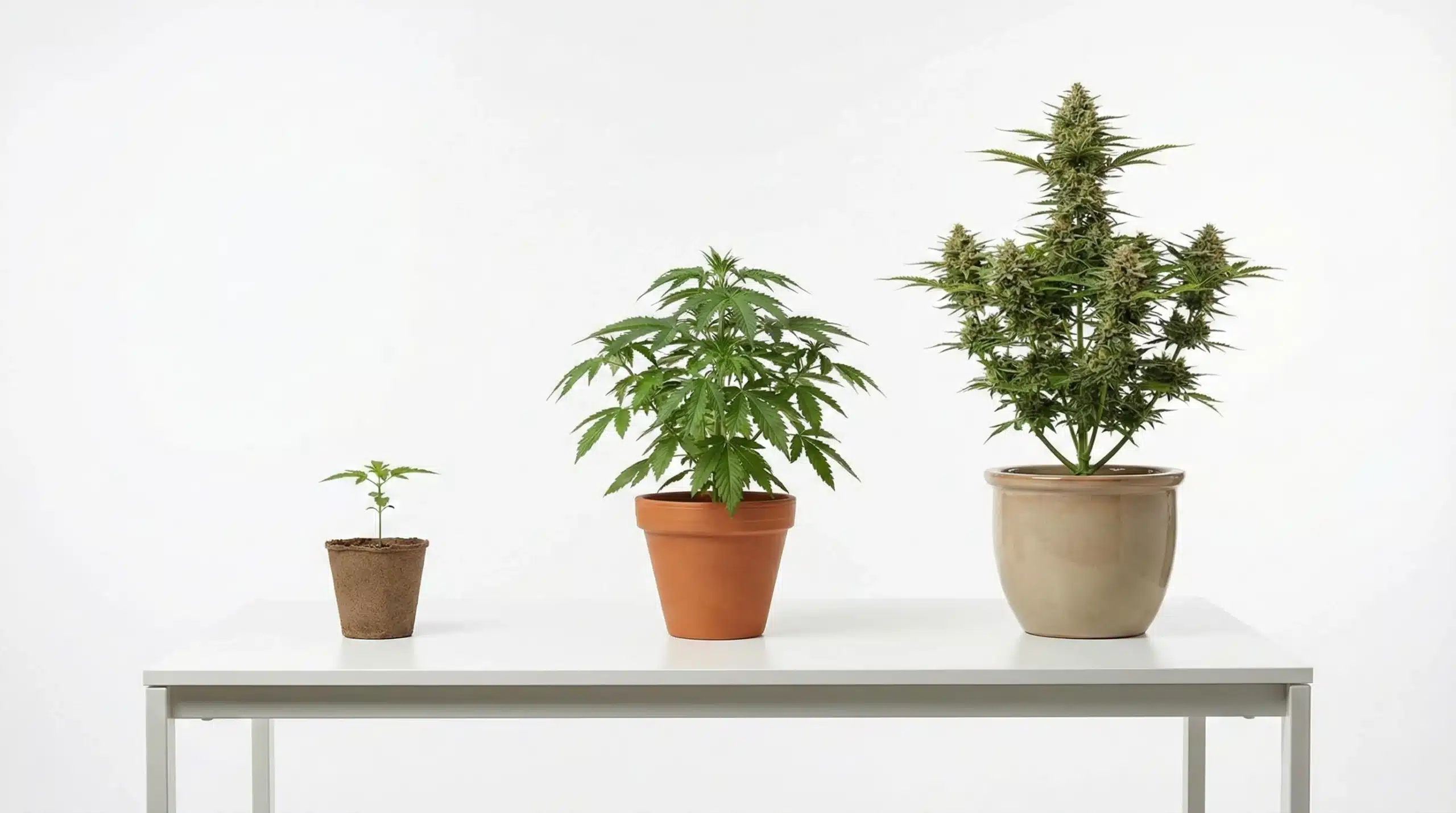 A cannabis plant in various stages of growth