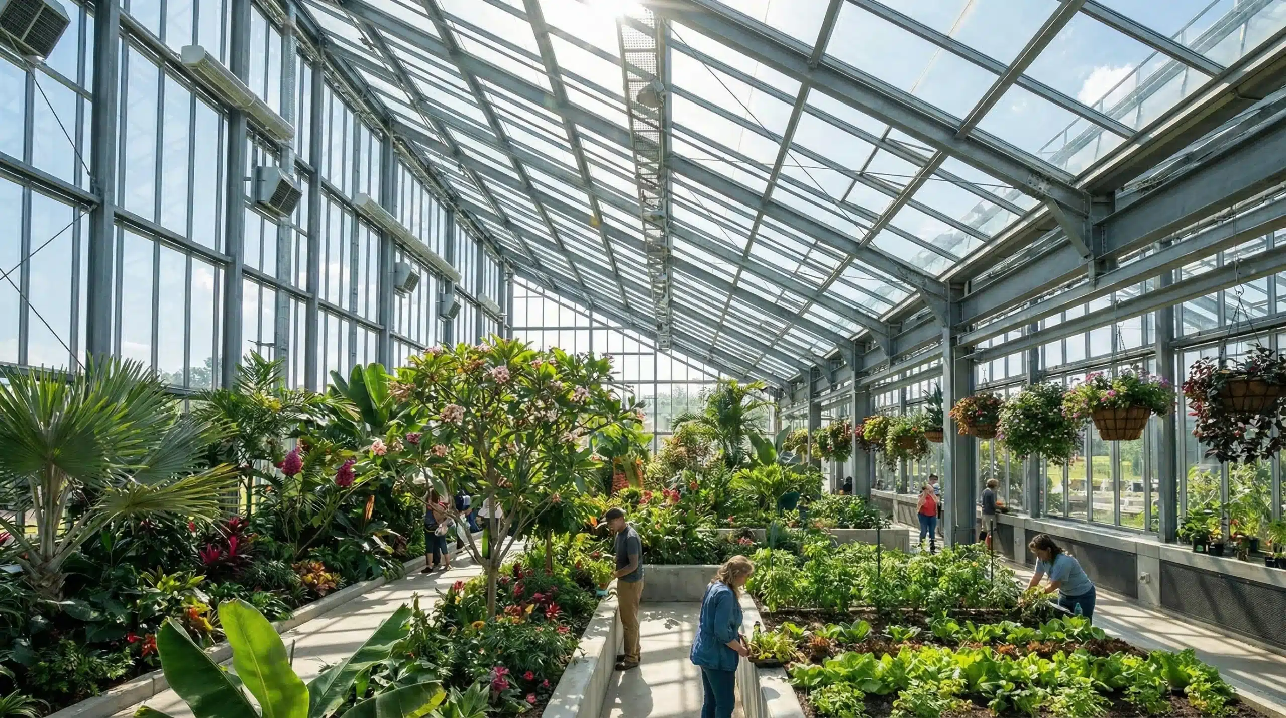 A modern greenhouse filled with lush plants