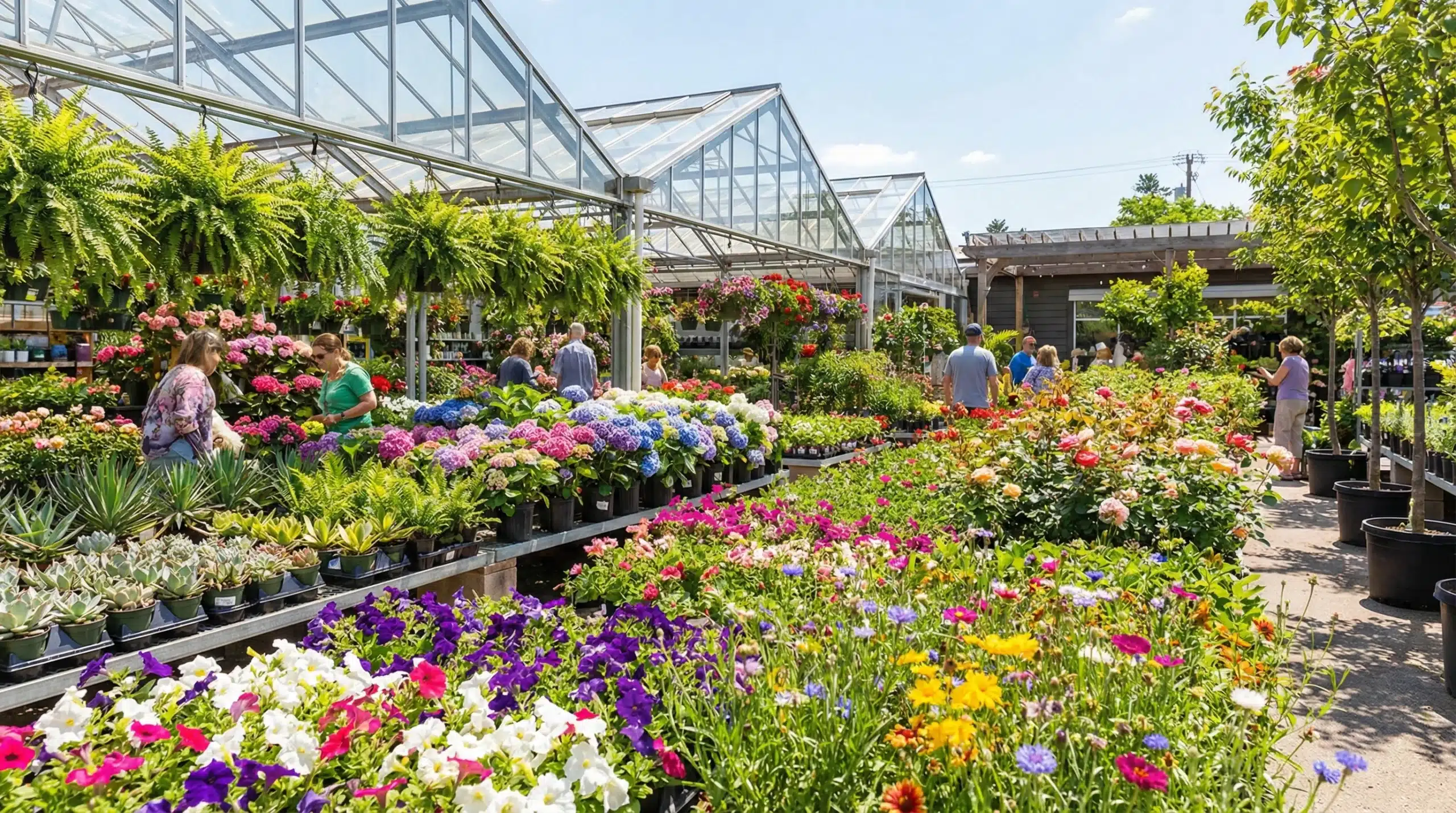 A vibrant plant nursery with various plants and flowers