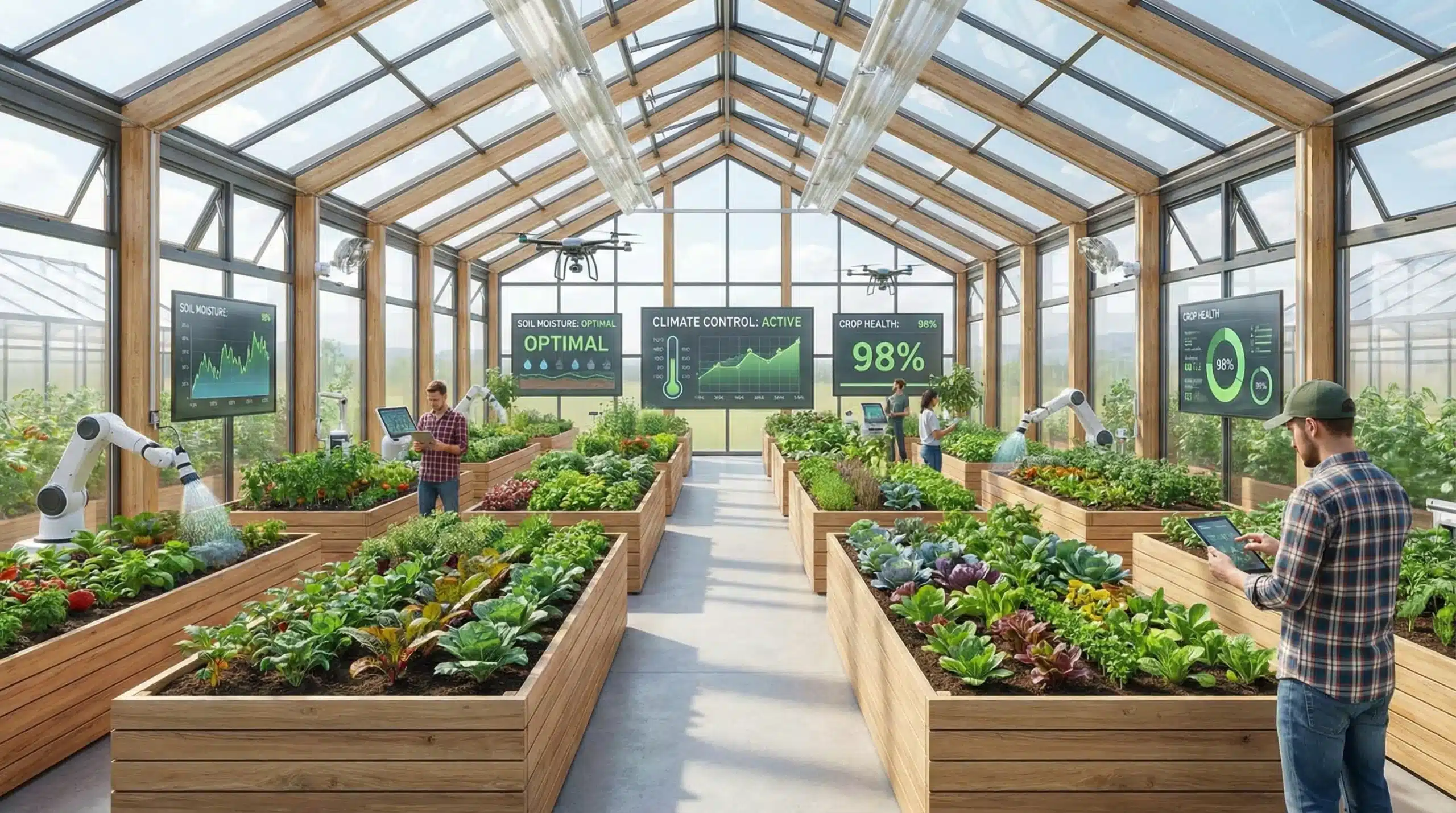 Modern greenhouse with organized plant nursery using digital management systems and raised garden beds