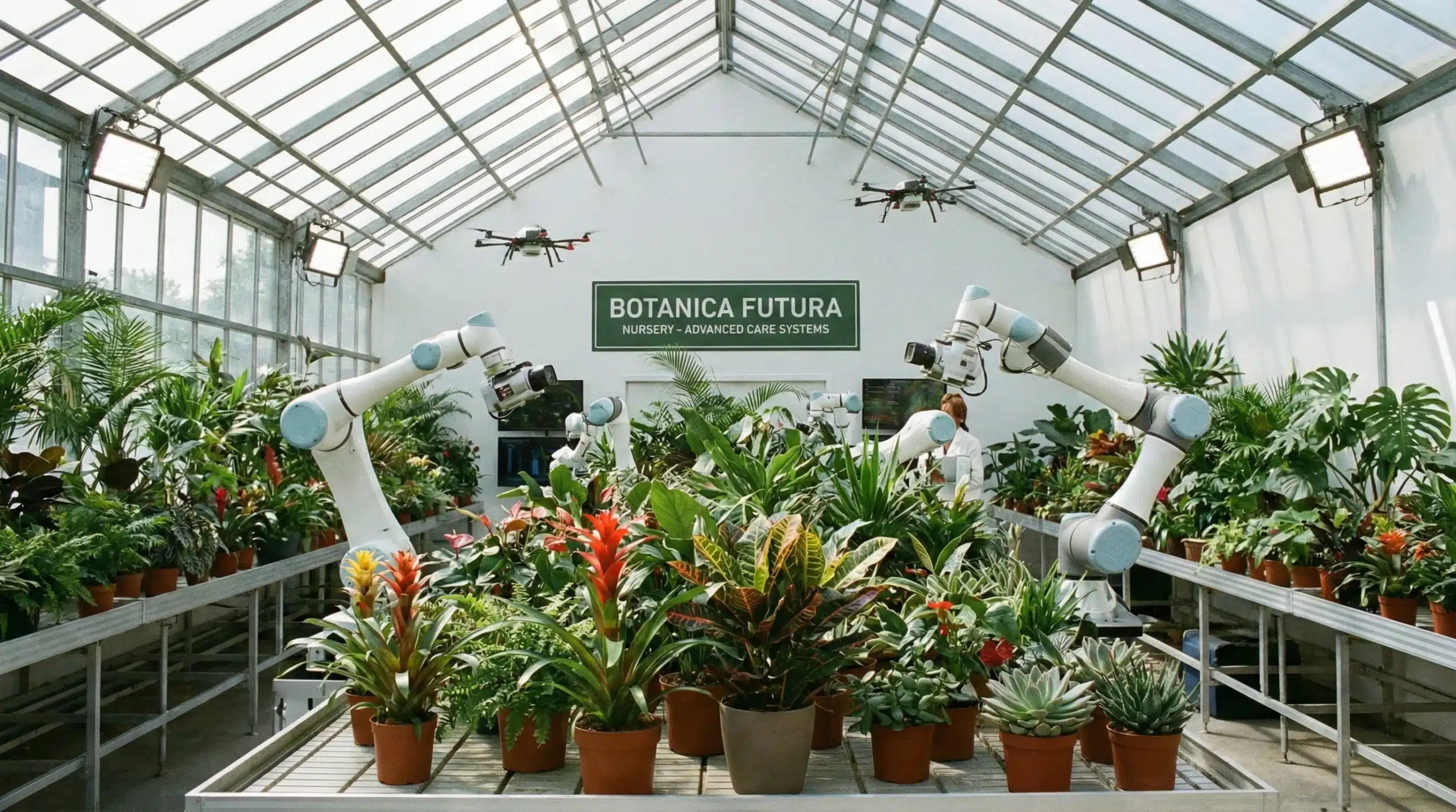 A lush plant nursery with various types of plants being monitored and cared for by advanced