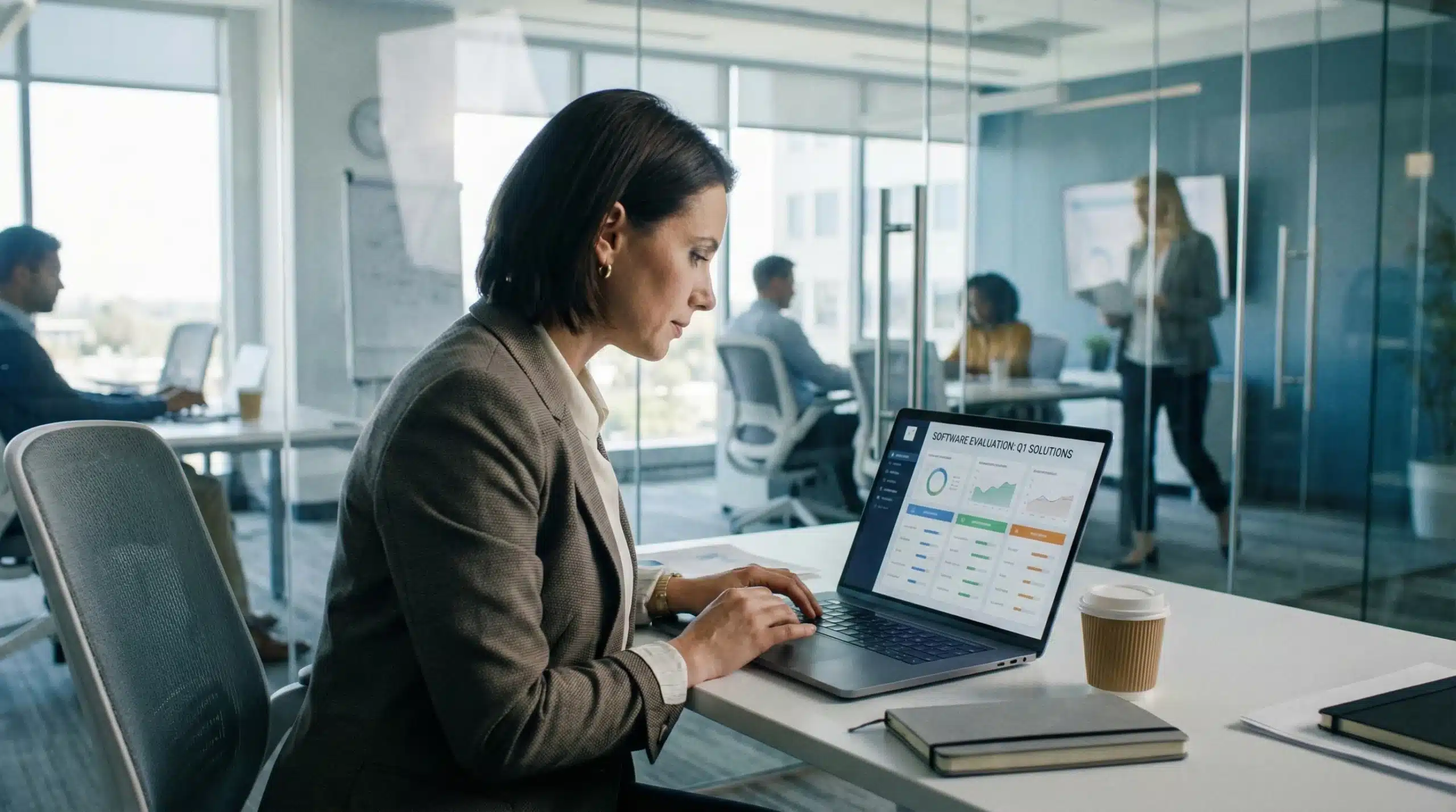 Professional businesswoman evaluating software solutions on laptop in modern office