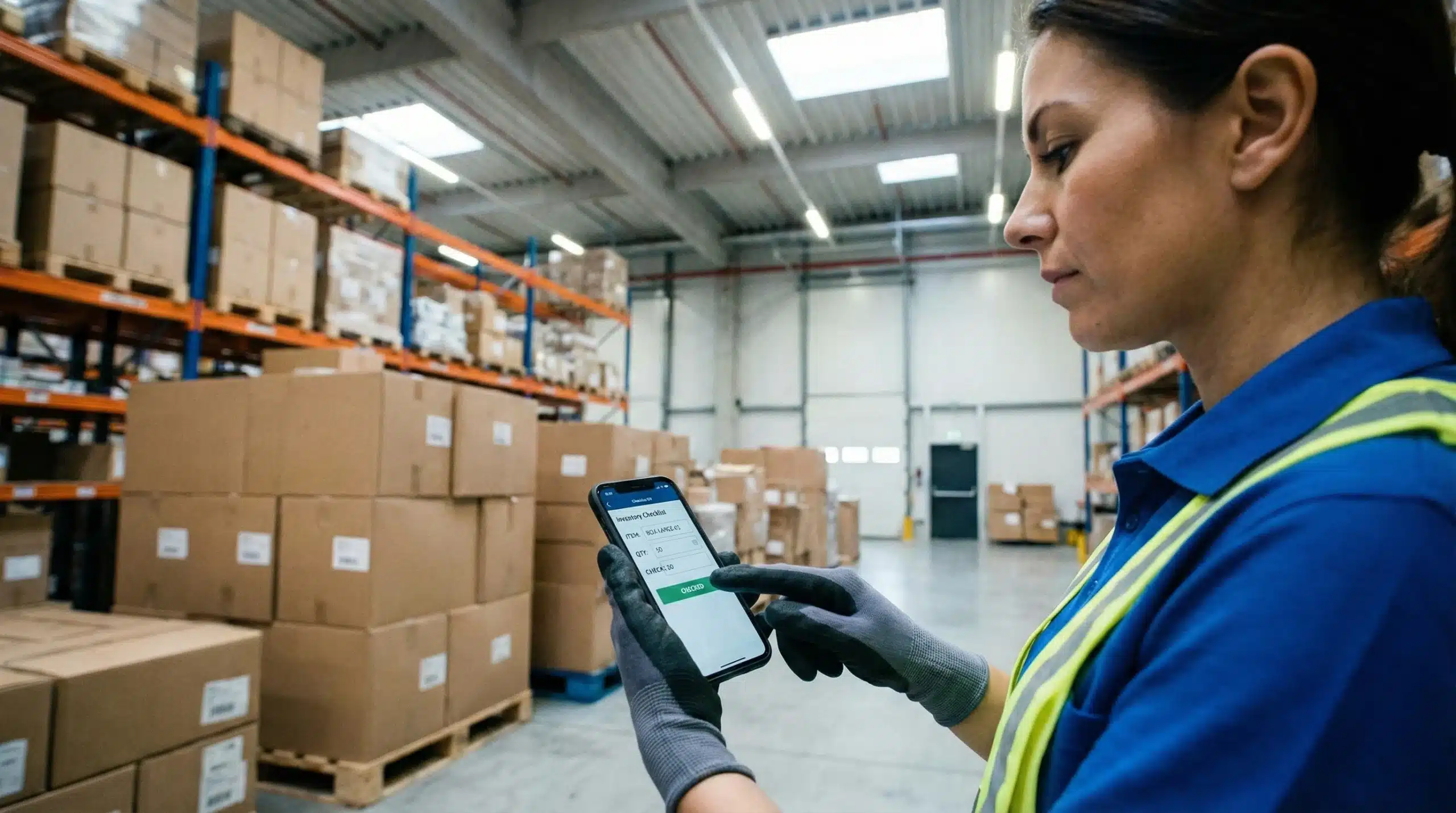 Warehouse worker in blue uniform using mobile inventory counting app with checklist interface to track cardboard boxes