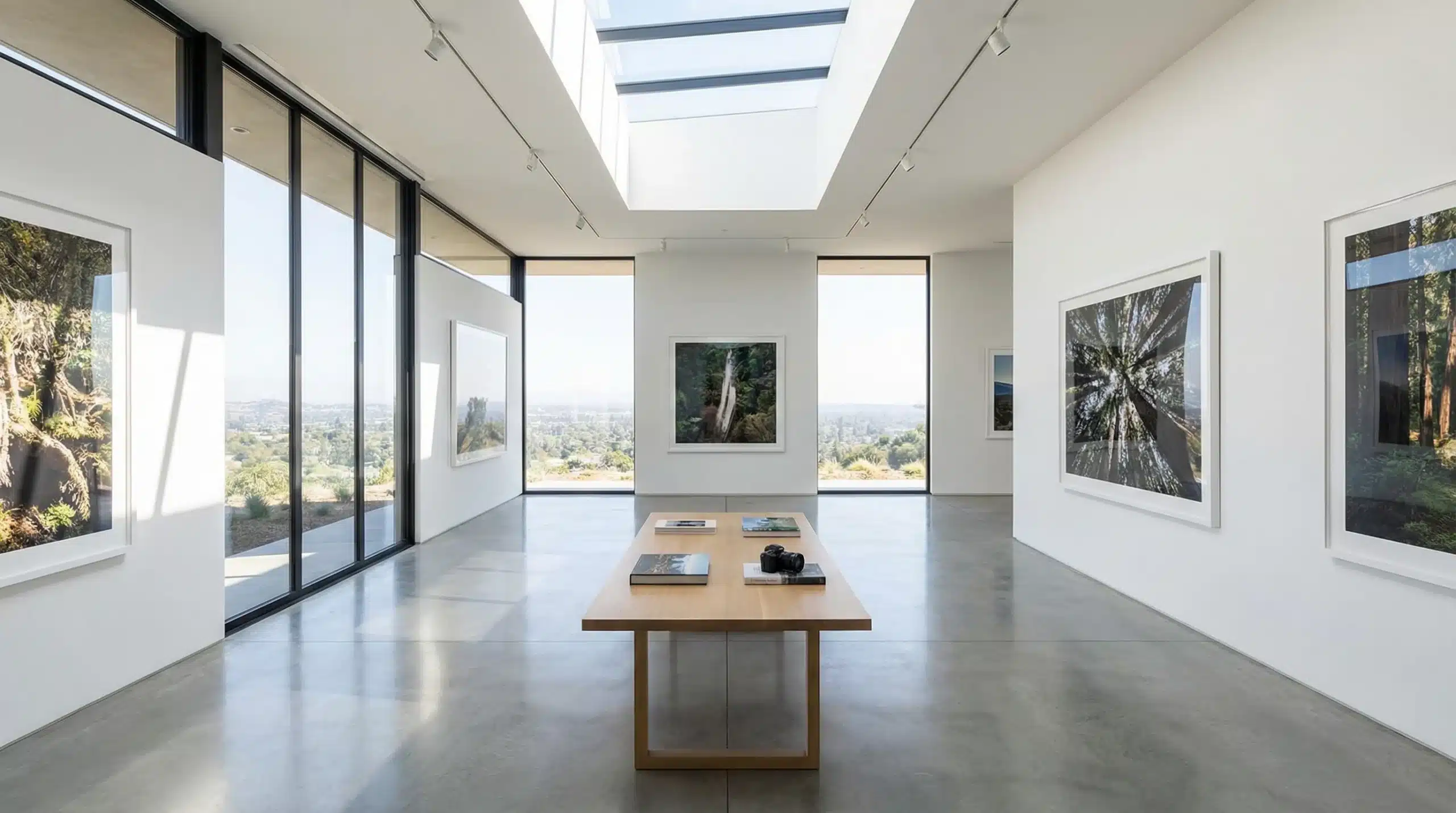 Modern minimalist gallery space with floor-to-ceiling windows and polished concrete floors