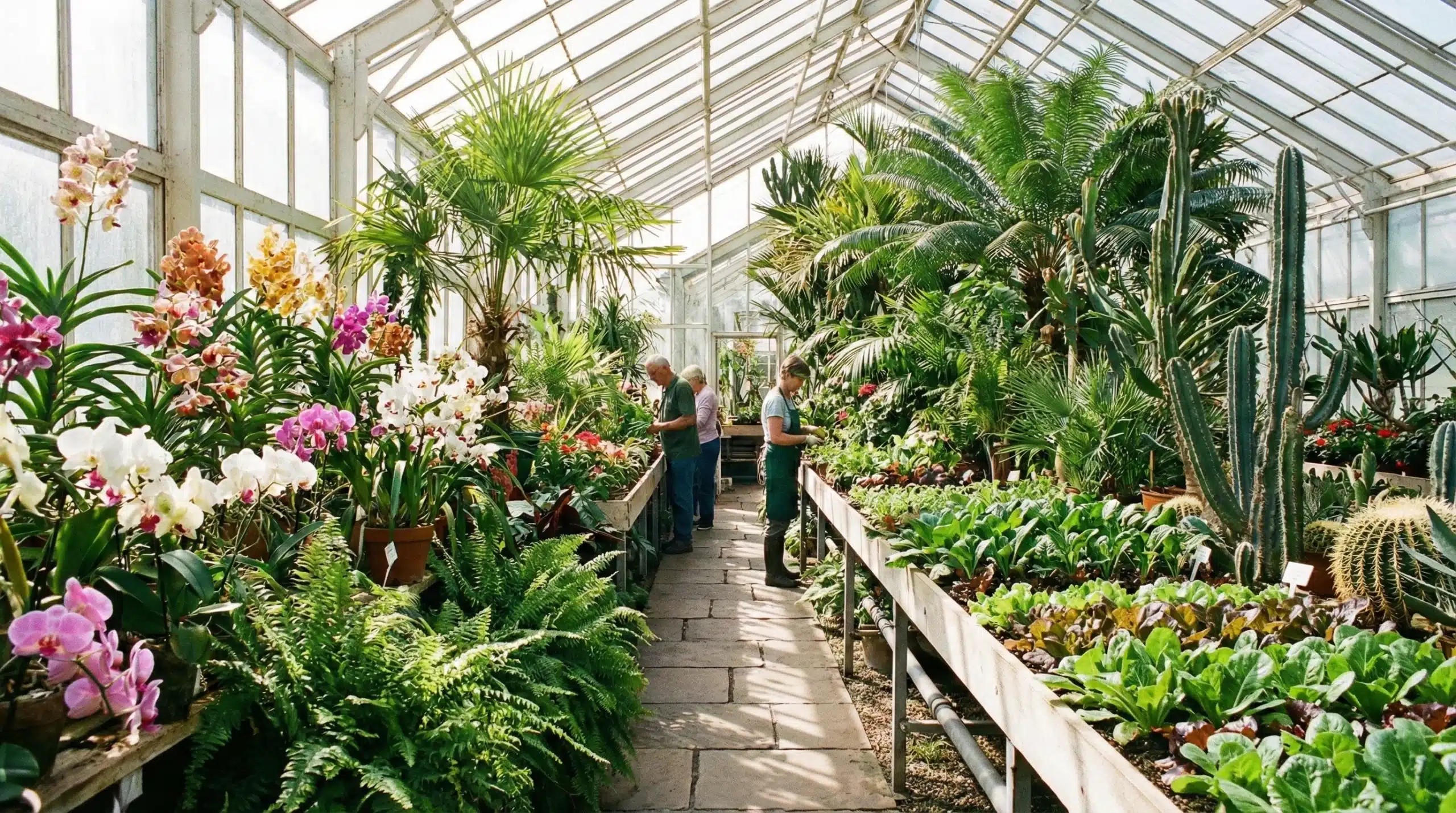 A vibrant greenhouse filled with a variety of thriving plants