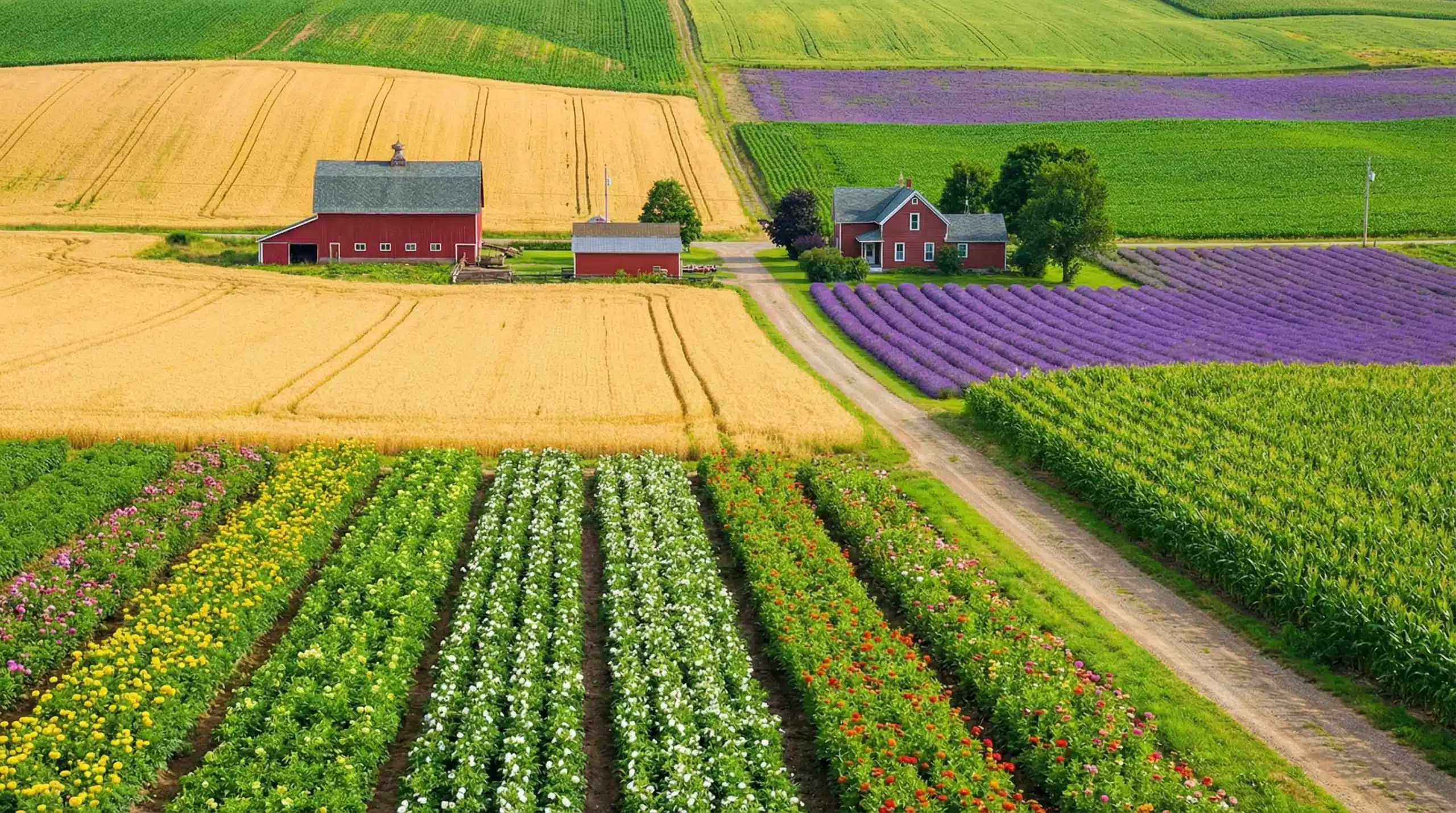 A vibrant farm landscape featuring fields of various crops