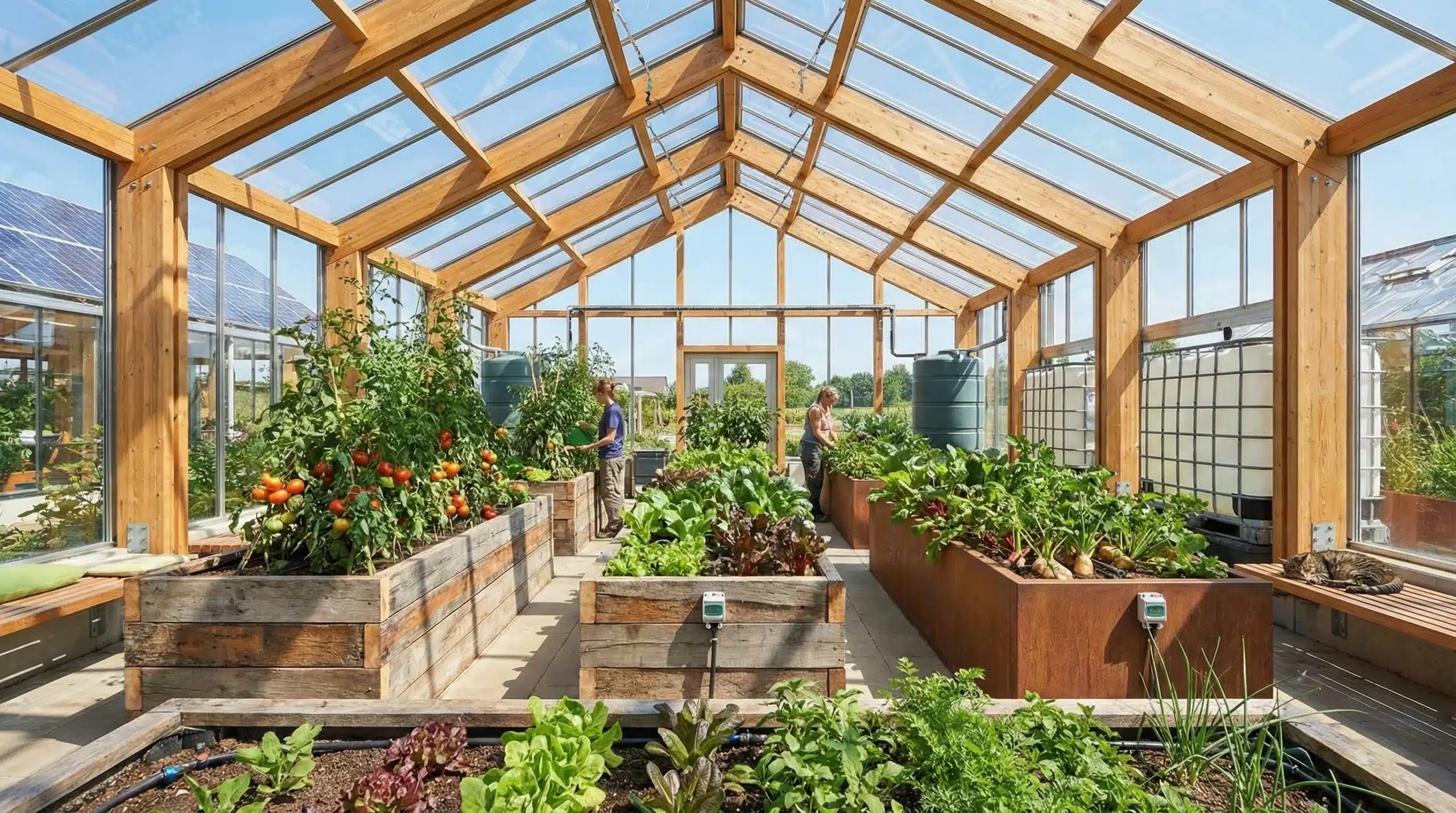 Modern greenhouse interior with raised garden beds growing sustainable vegetables and plants