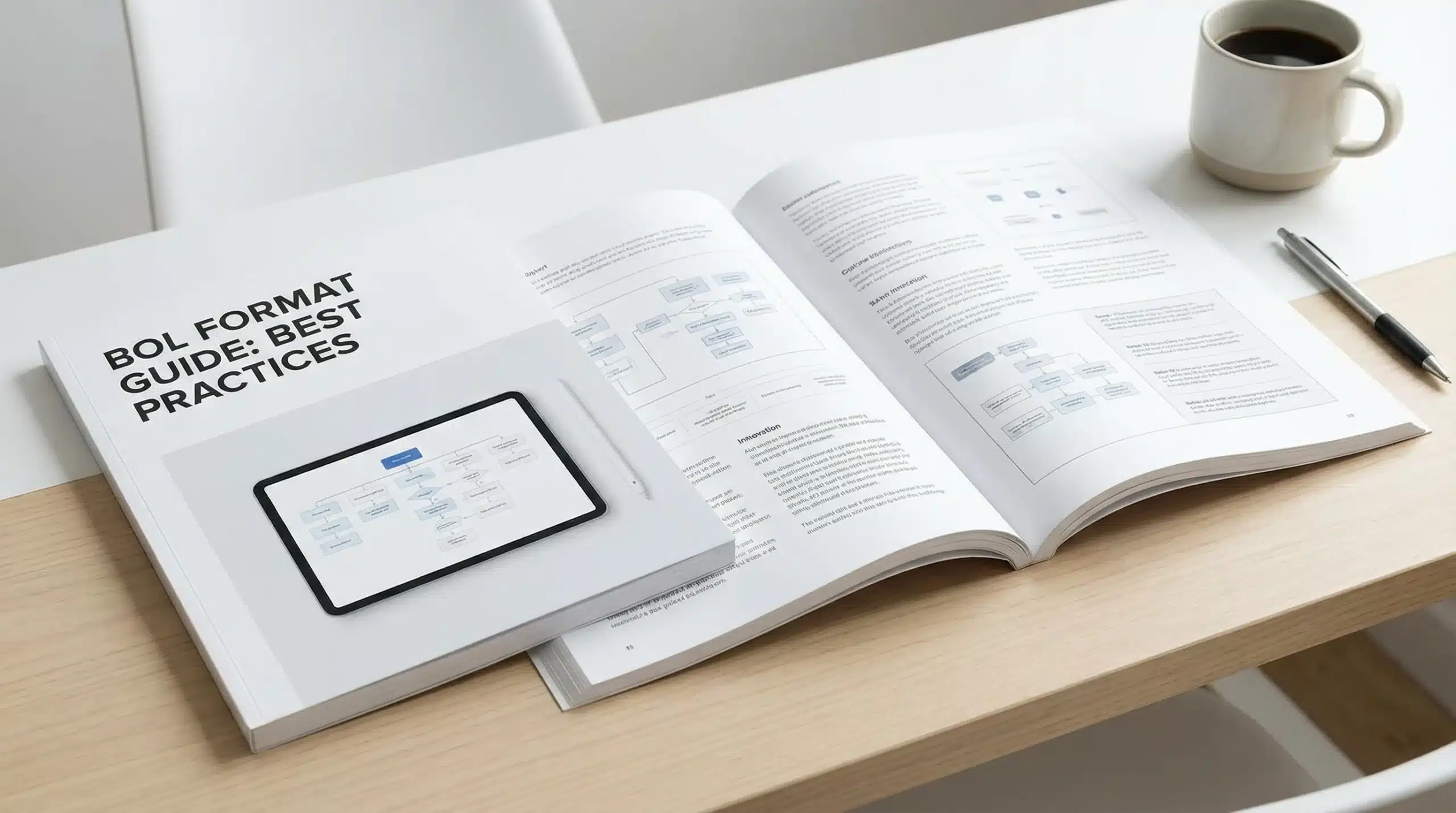 BOL format guide book open on desk showing shipping best practices with coffee and pen