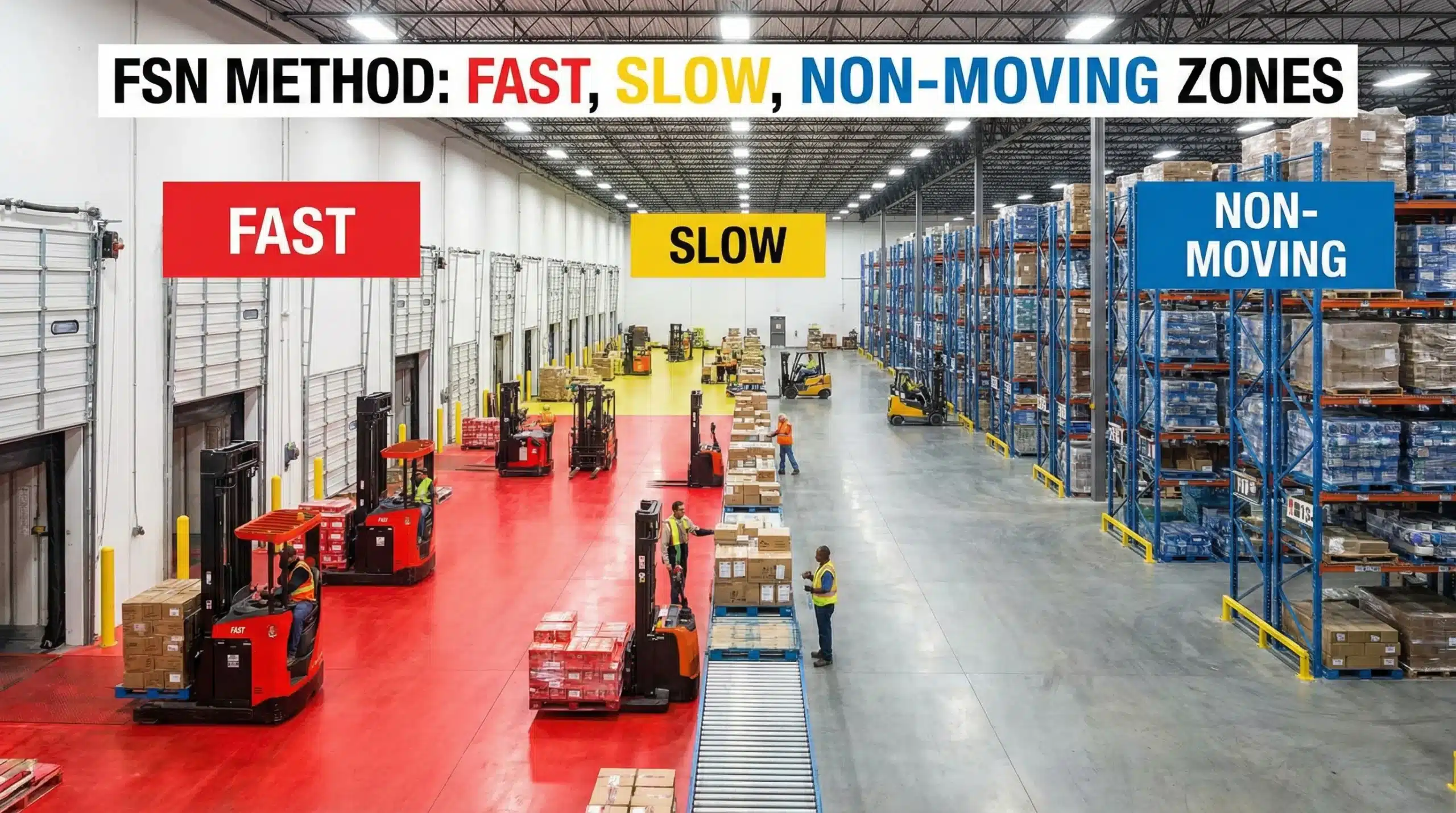 FSN method illustrated in a warehouse with color-coded zones for inventory, showing varied activity levels.