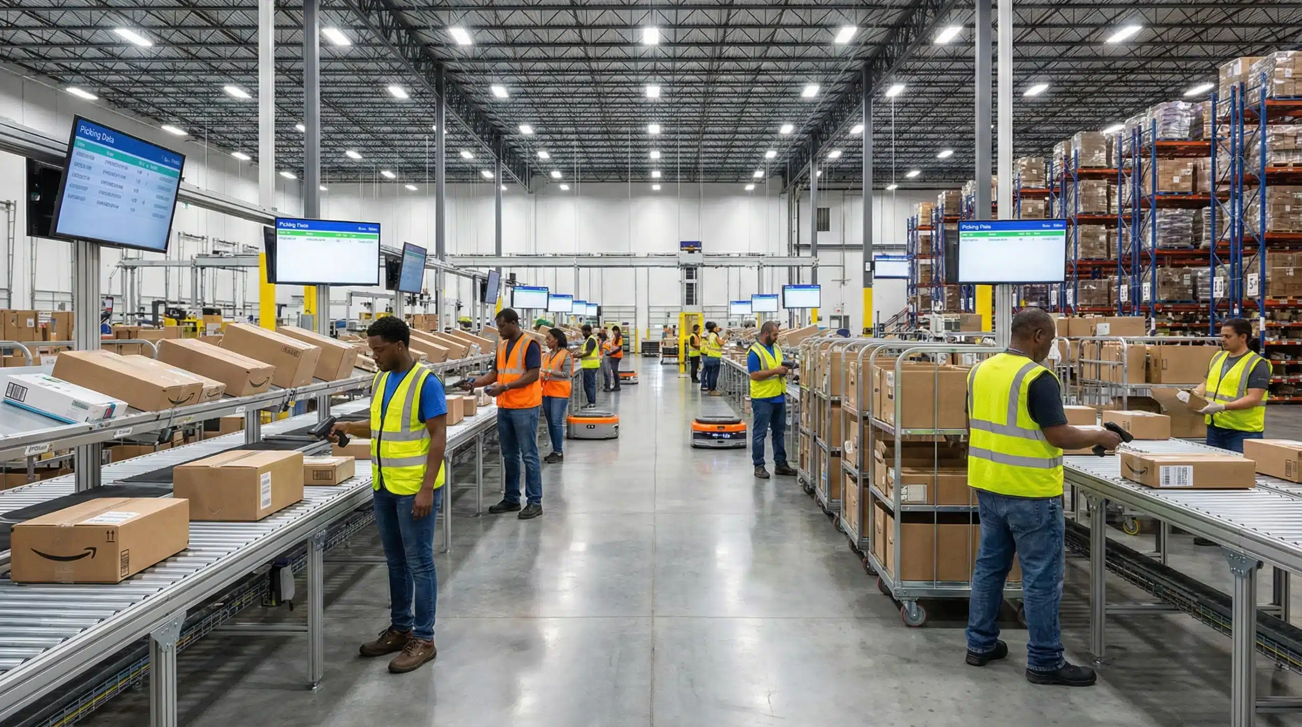Workers scan picking labels on packages in a well-lit, modern warehouse.