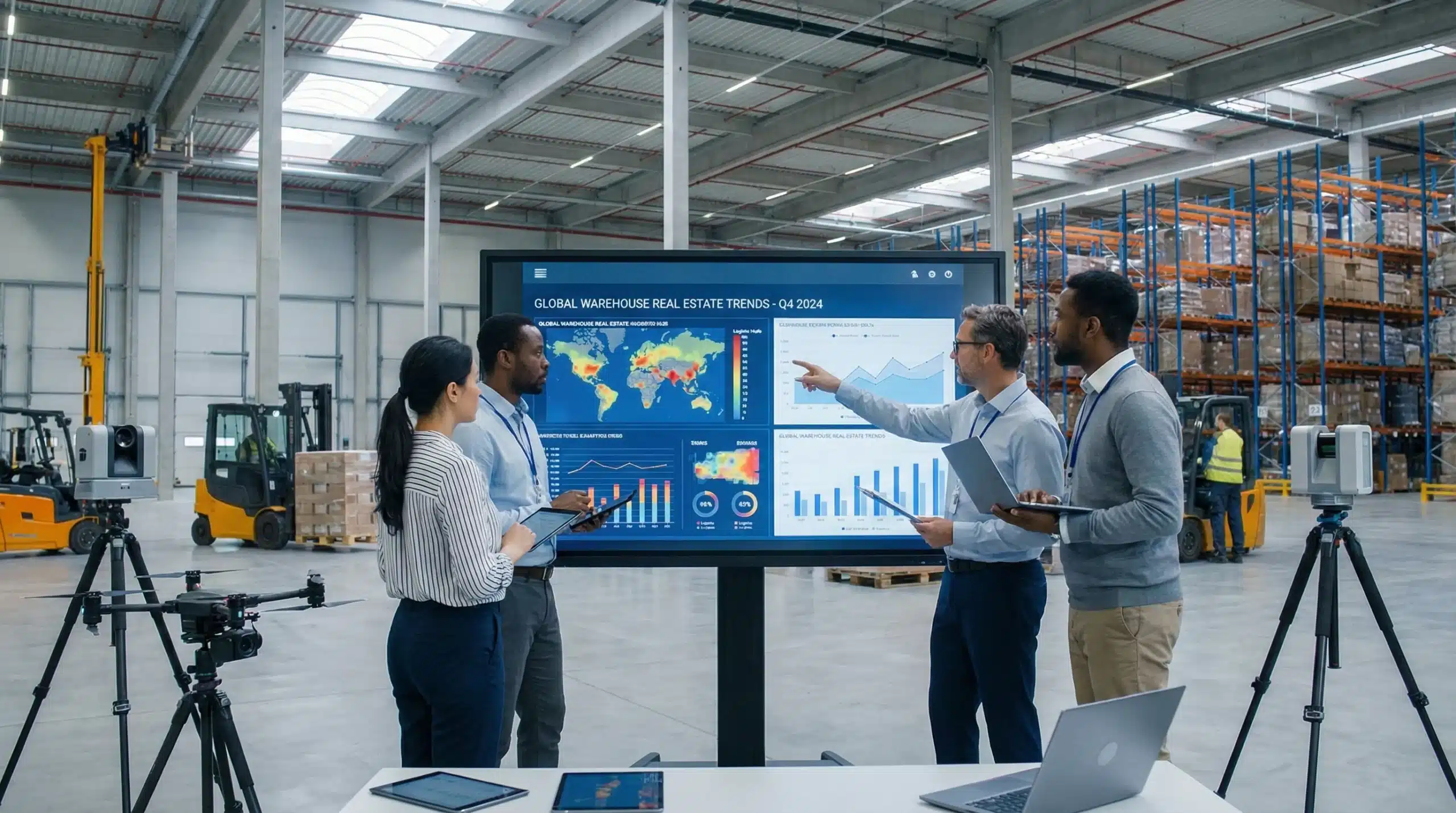 professionals and equipment viewing warehouse real estate trends