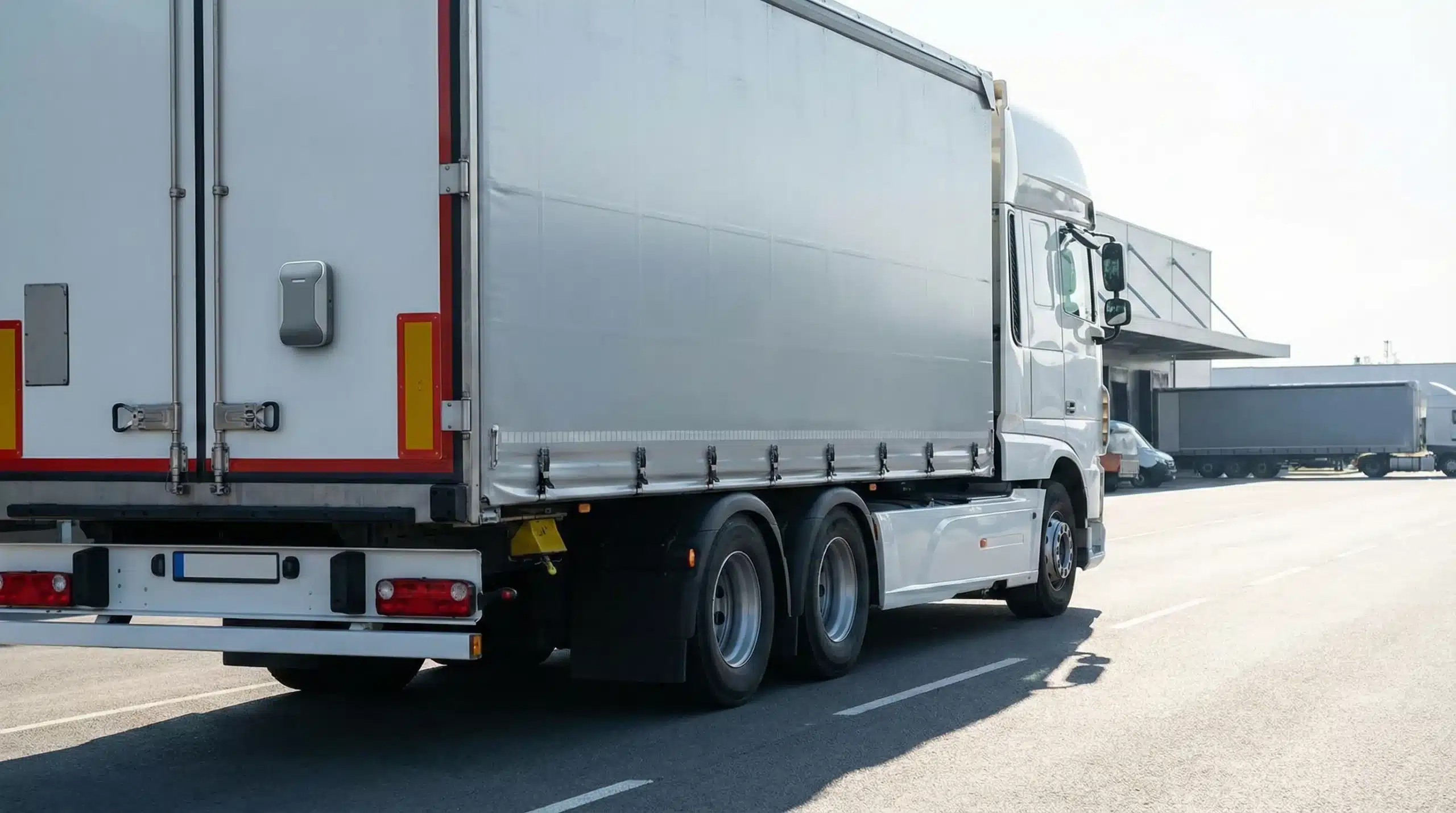 White commercial semi-truck with cargo trailer on highway for fleet asset tracking
