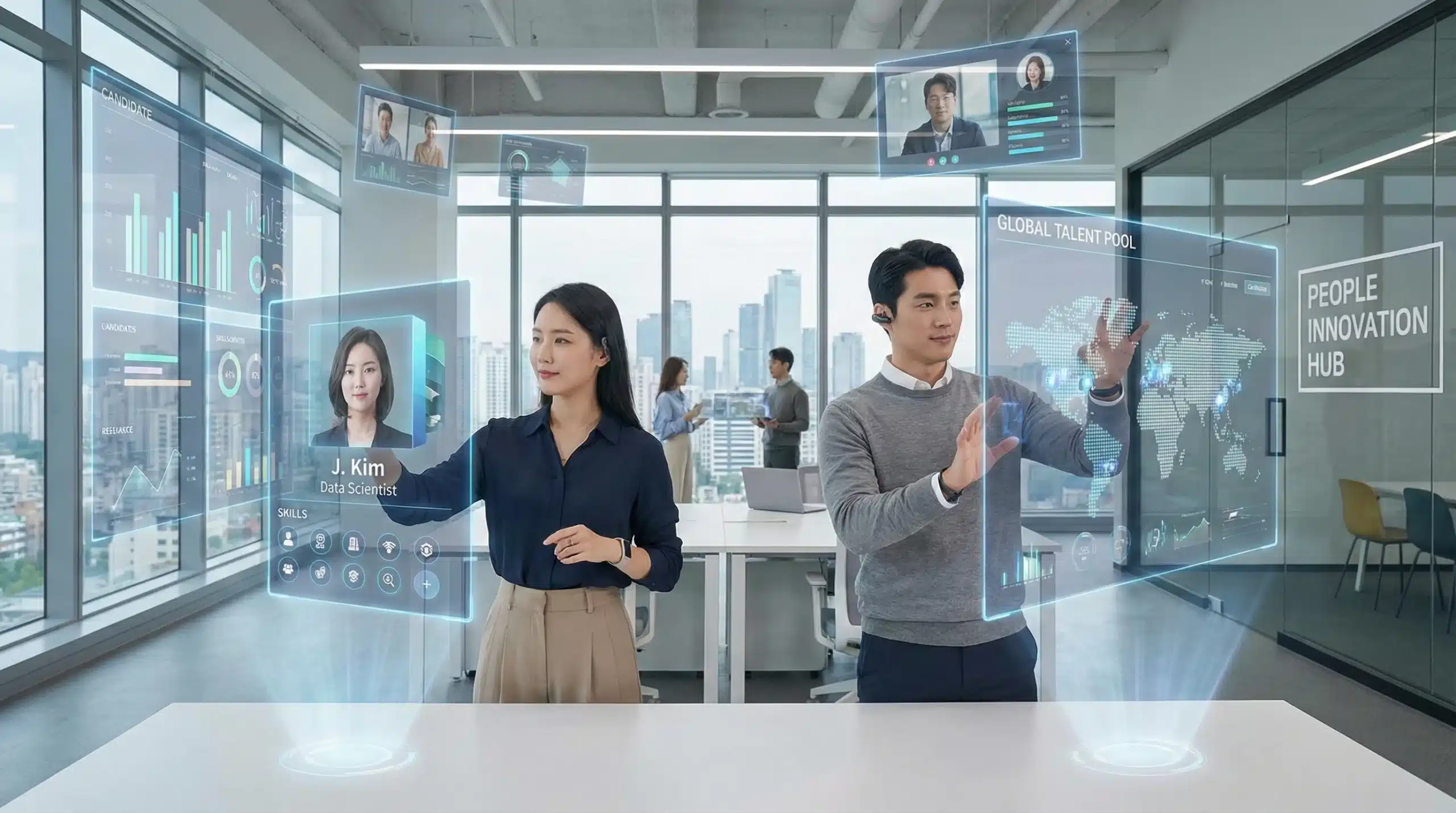 HR professionals using AI-driven holographic displays and interfaces in a futuristic office.