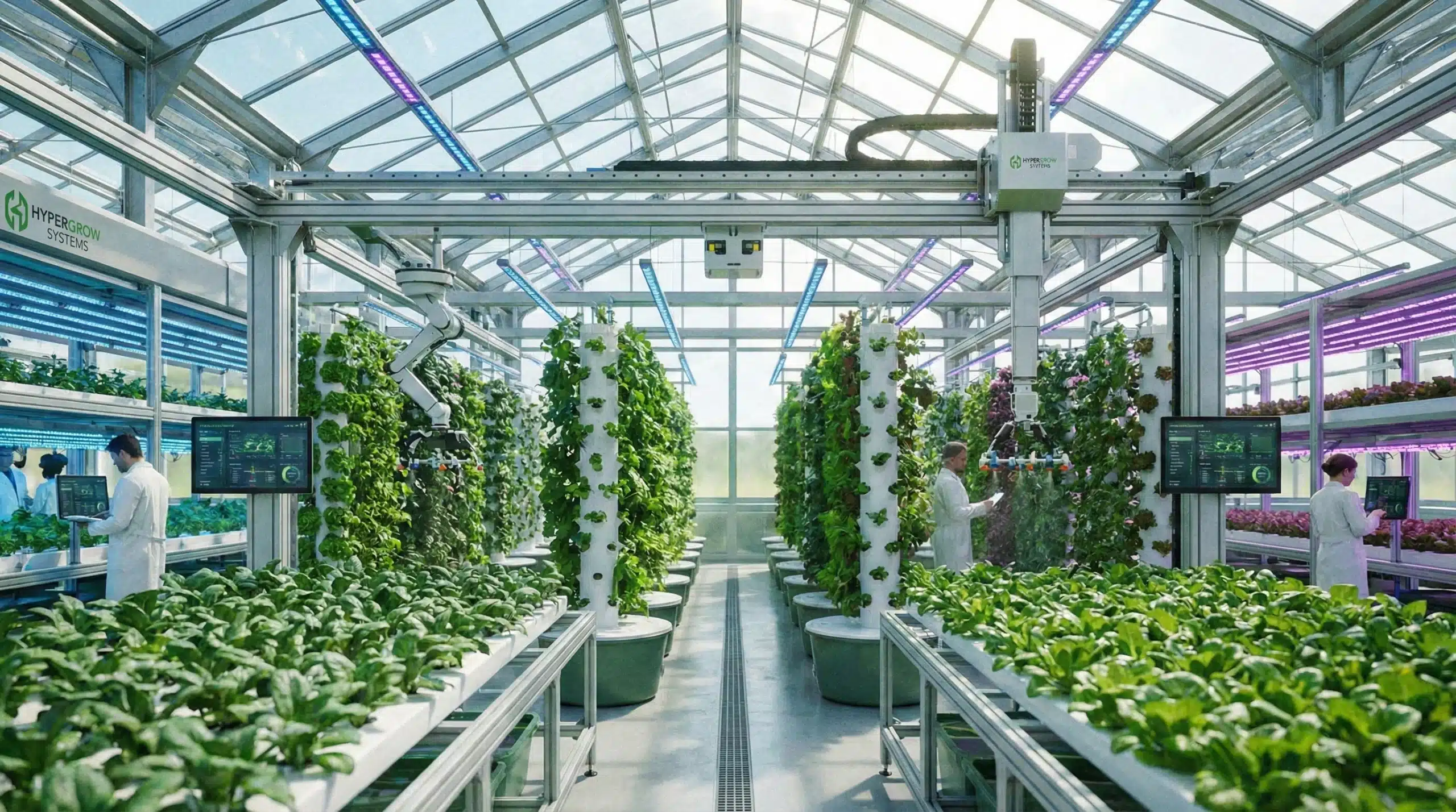High-tech greenhouse with advanced sensors and automated irrigation, showcasing lush plants in a green industry setting.