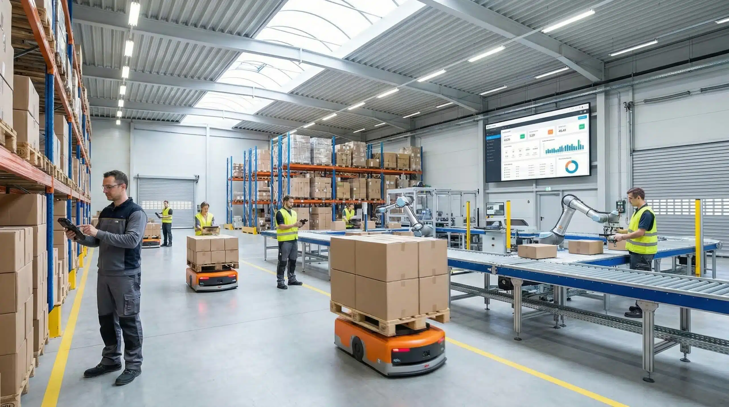 Staff using RFID readers in a warehouse with automated inventory tracking system.
