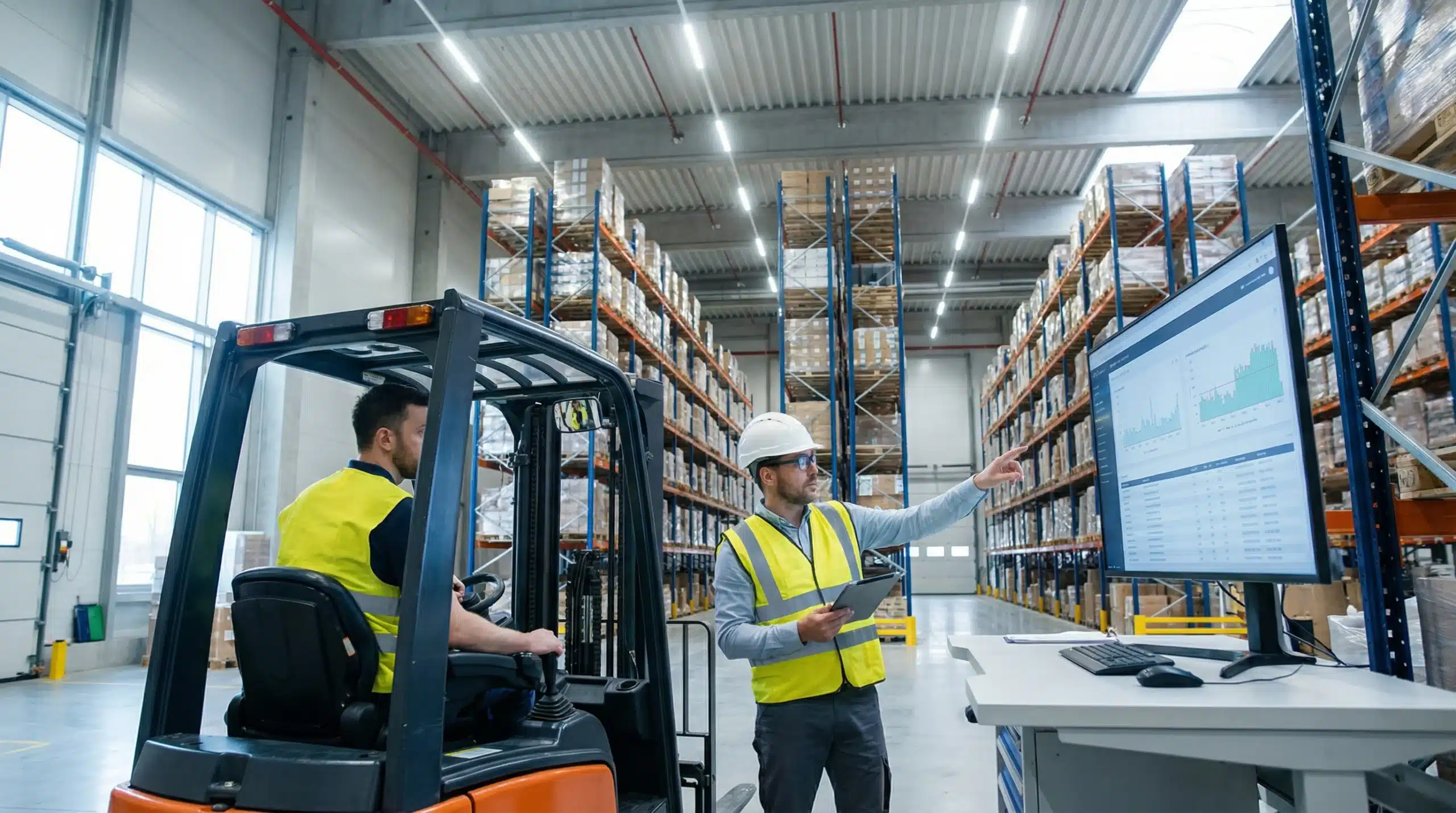 Forklift operator and supervisor monitor safety stock in a modern, well-lit warehouse.