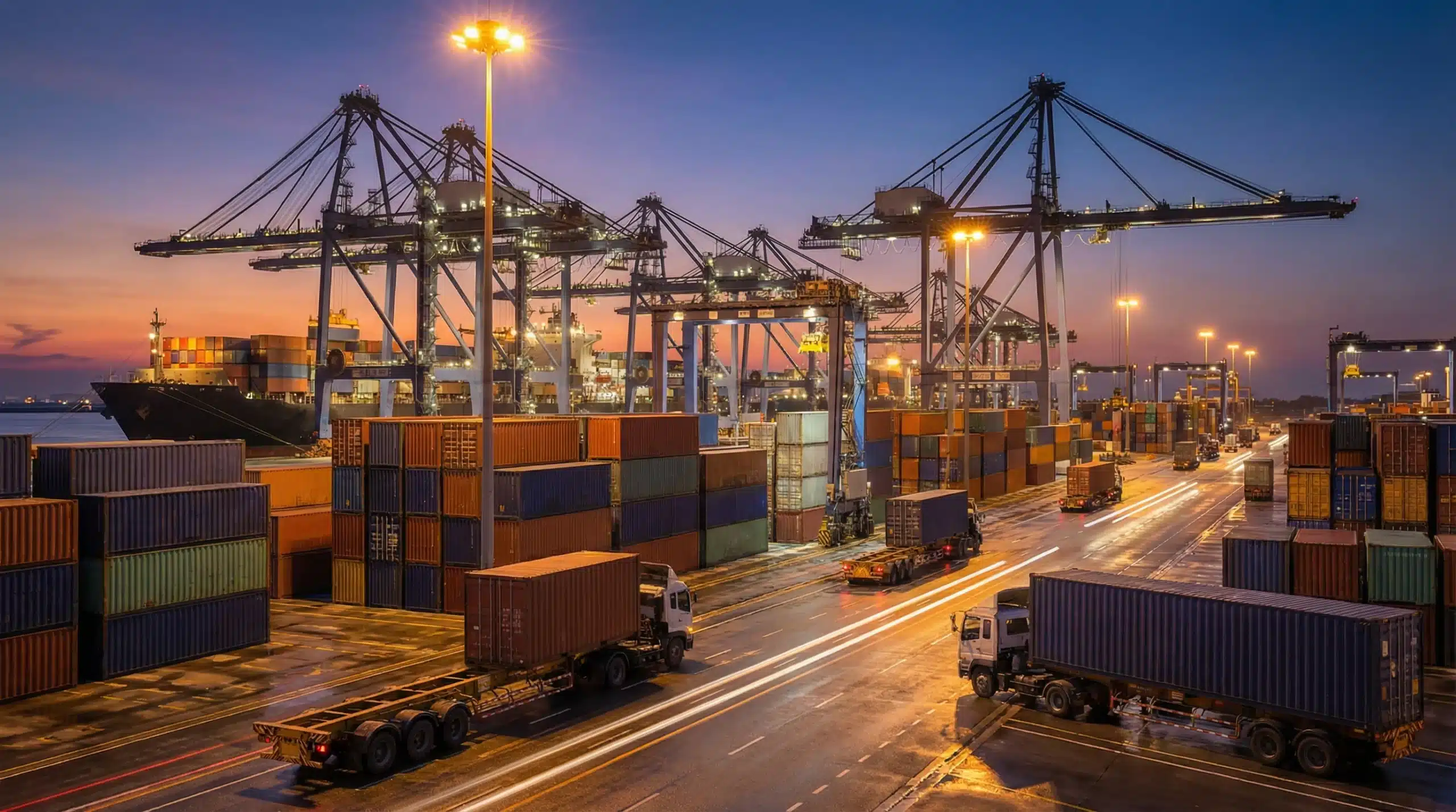 Semi-trucks and cranes manage drayage at a busy ocean port at dusk.