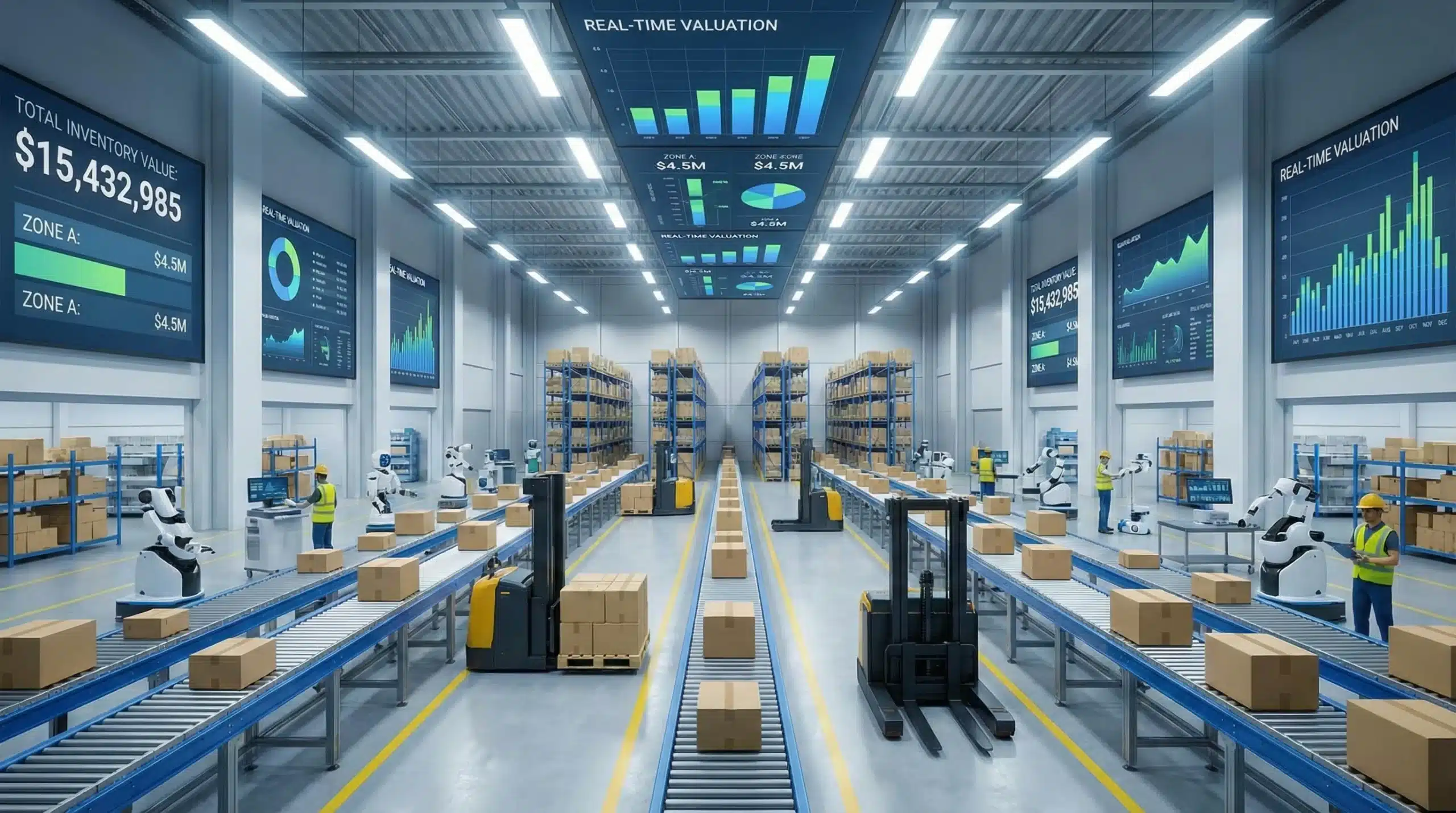 Modern warehouse with automated conveyors and forklifts under bright lights displaying inventory valuation data.