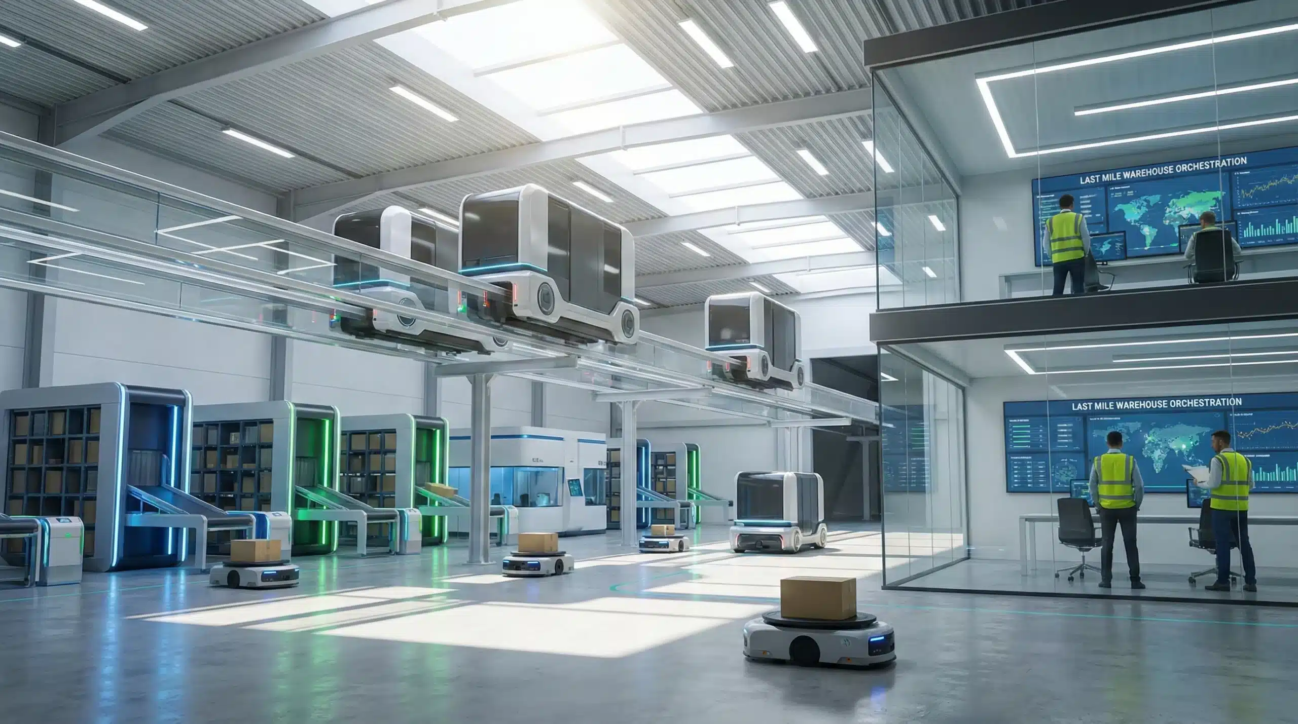 Last Mile Warehouse Orchestration with robotic shuttles and autonomous robots in a futuristic setup.