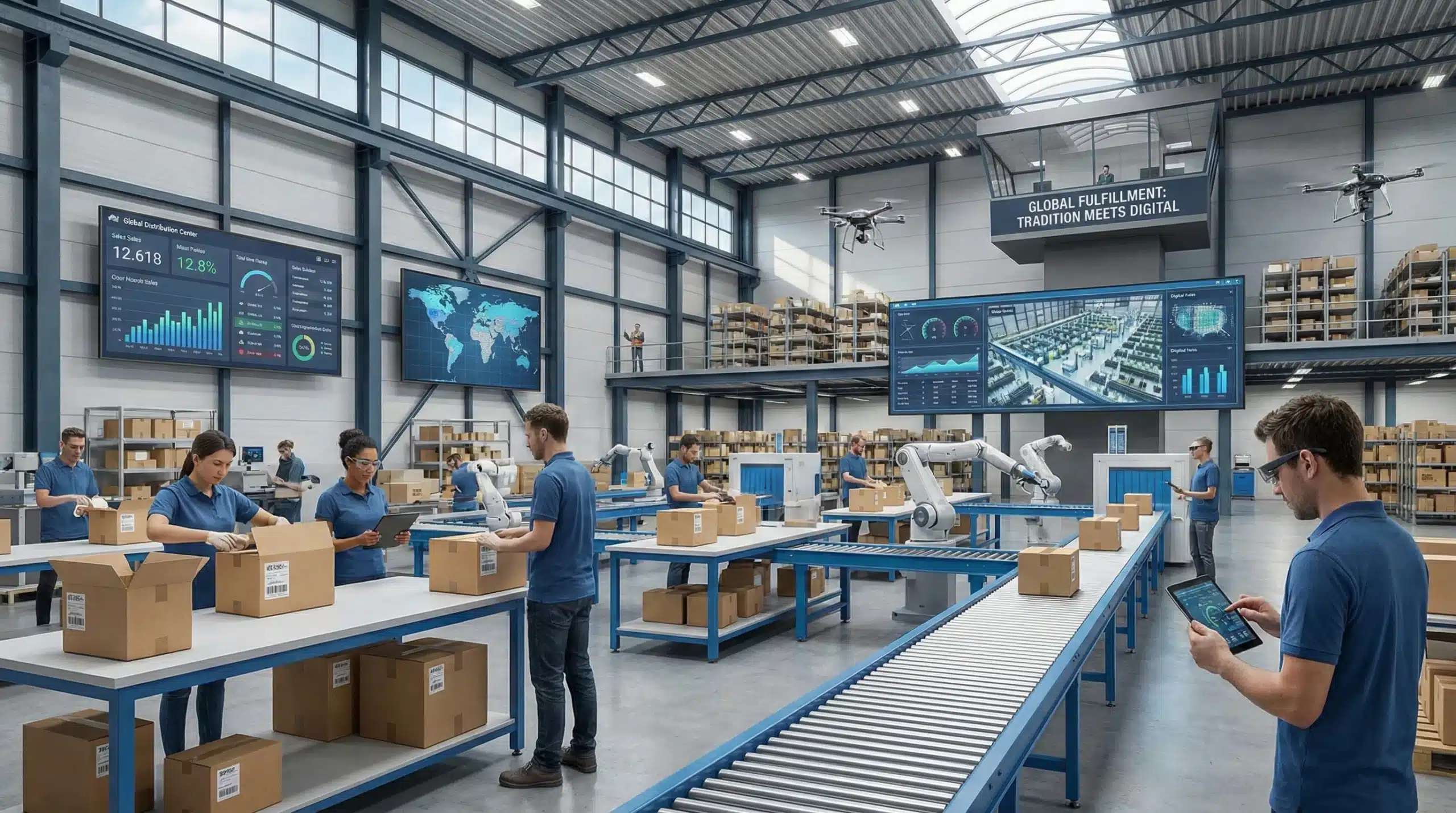 Modern warehouse workers managing sales channels with robotic automation and digital dashboards