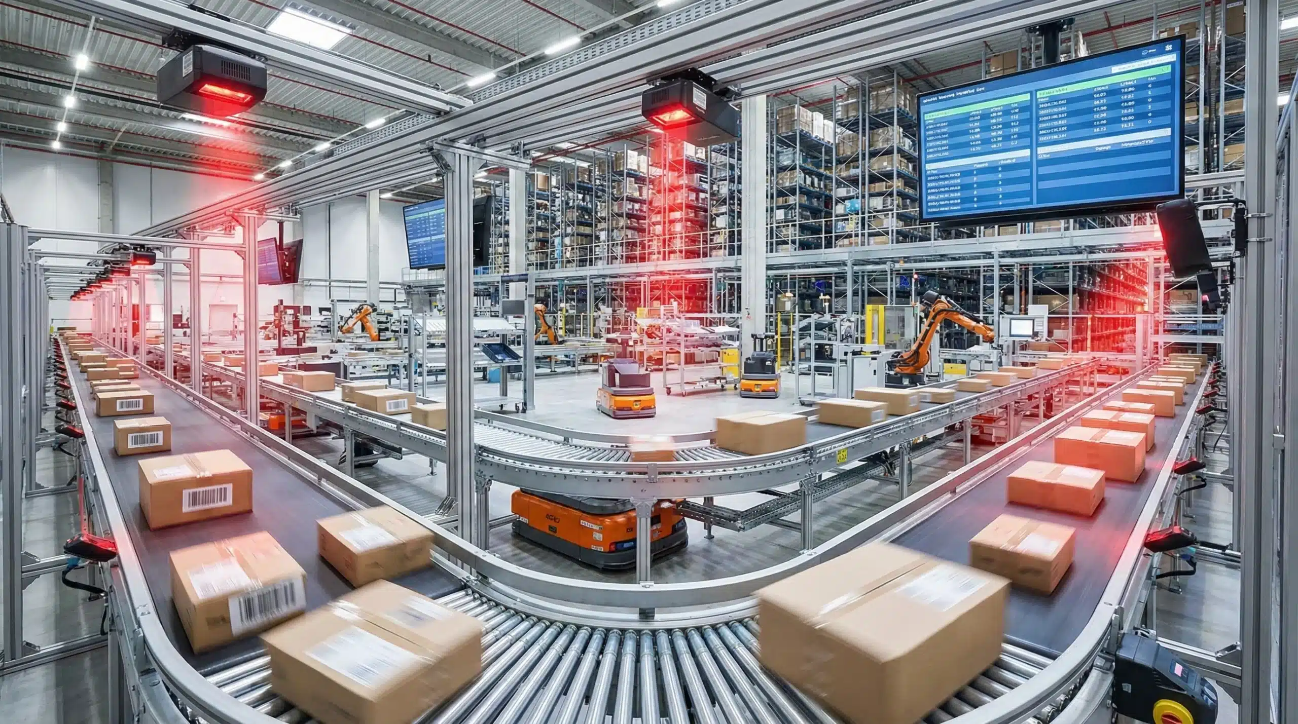 Modern warehouse with automated conveyor belts and barcode scanners ensuring precise inventory management.