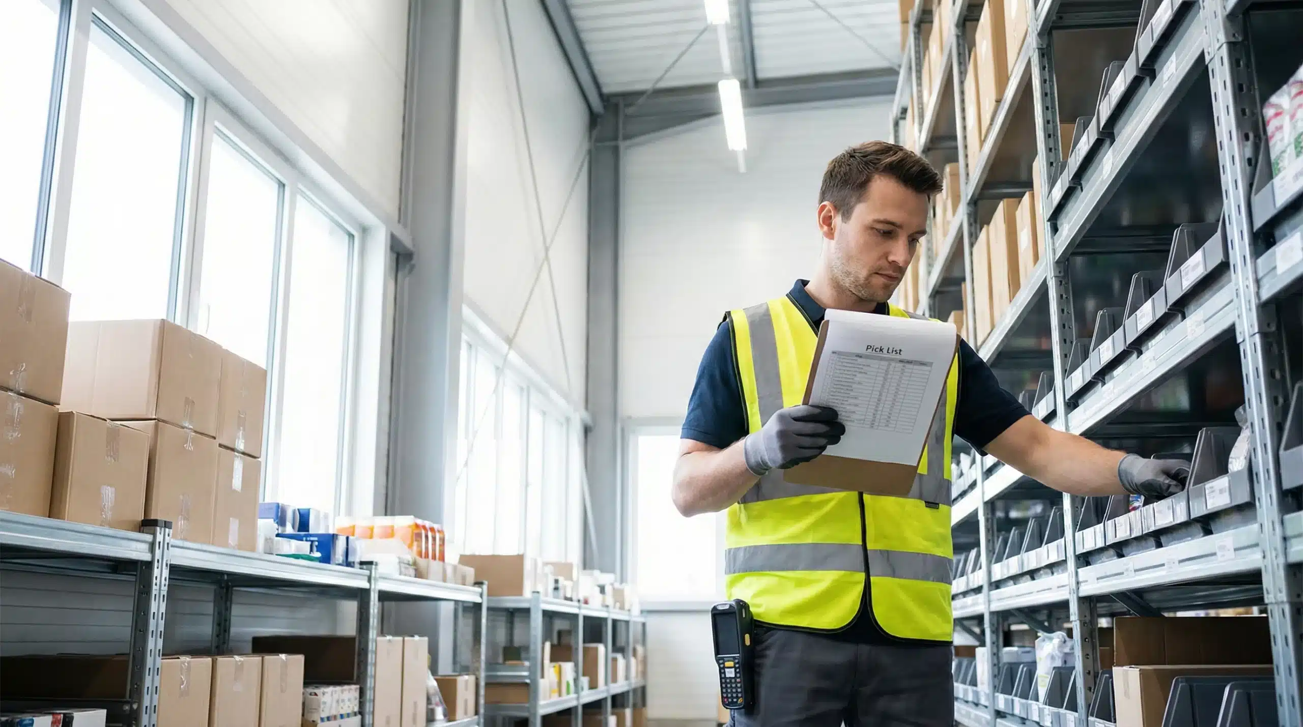 Warehouse worker reading paper pick list while selecting items from shelves for order fulfillment