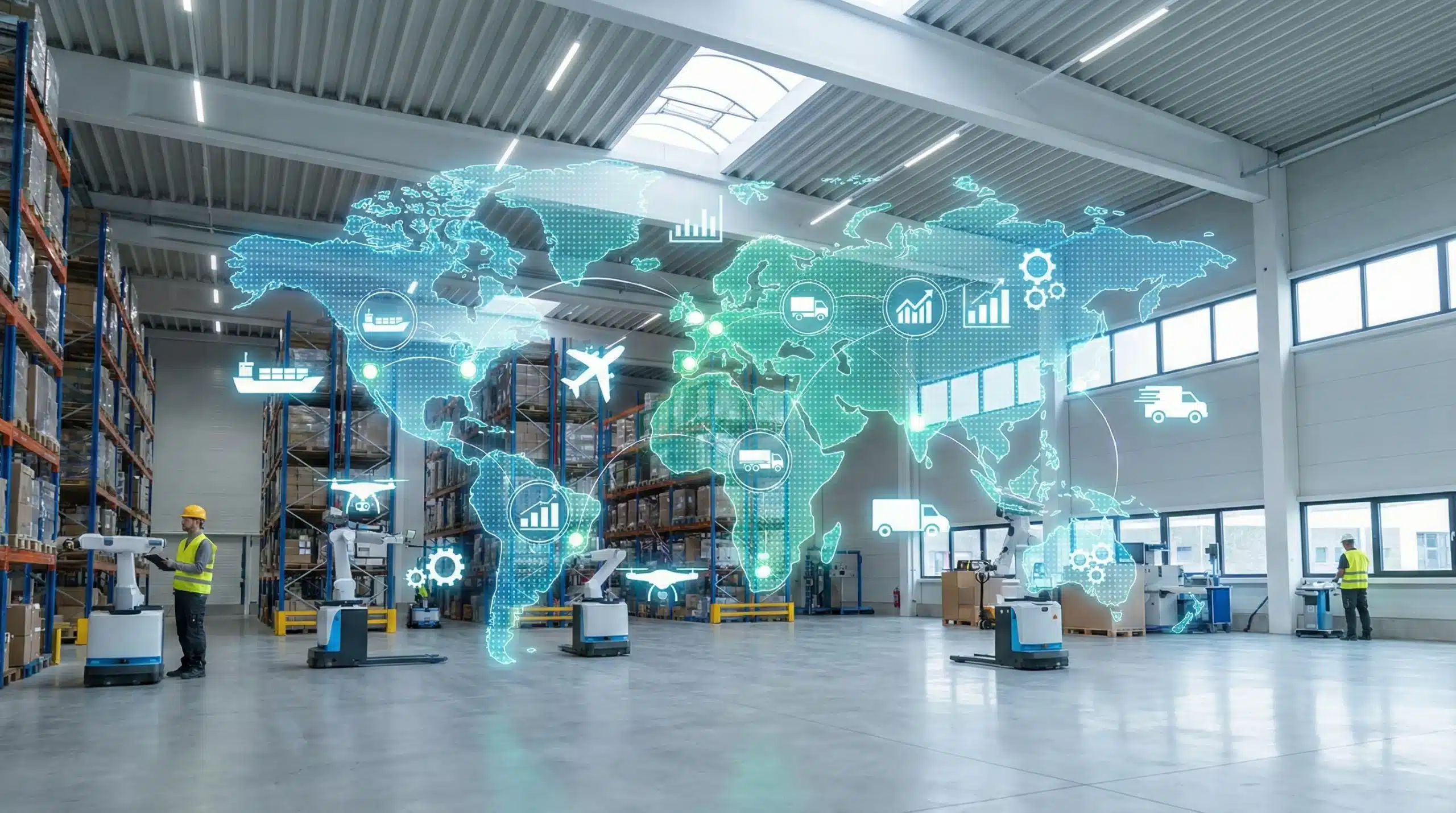 Warehouse interior with digital world map overlay showing connected supply chain icons for logistics, delivery, and analytics