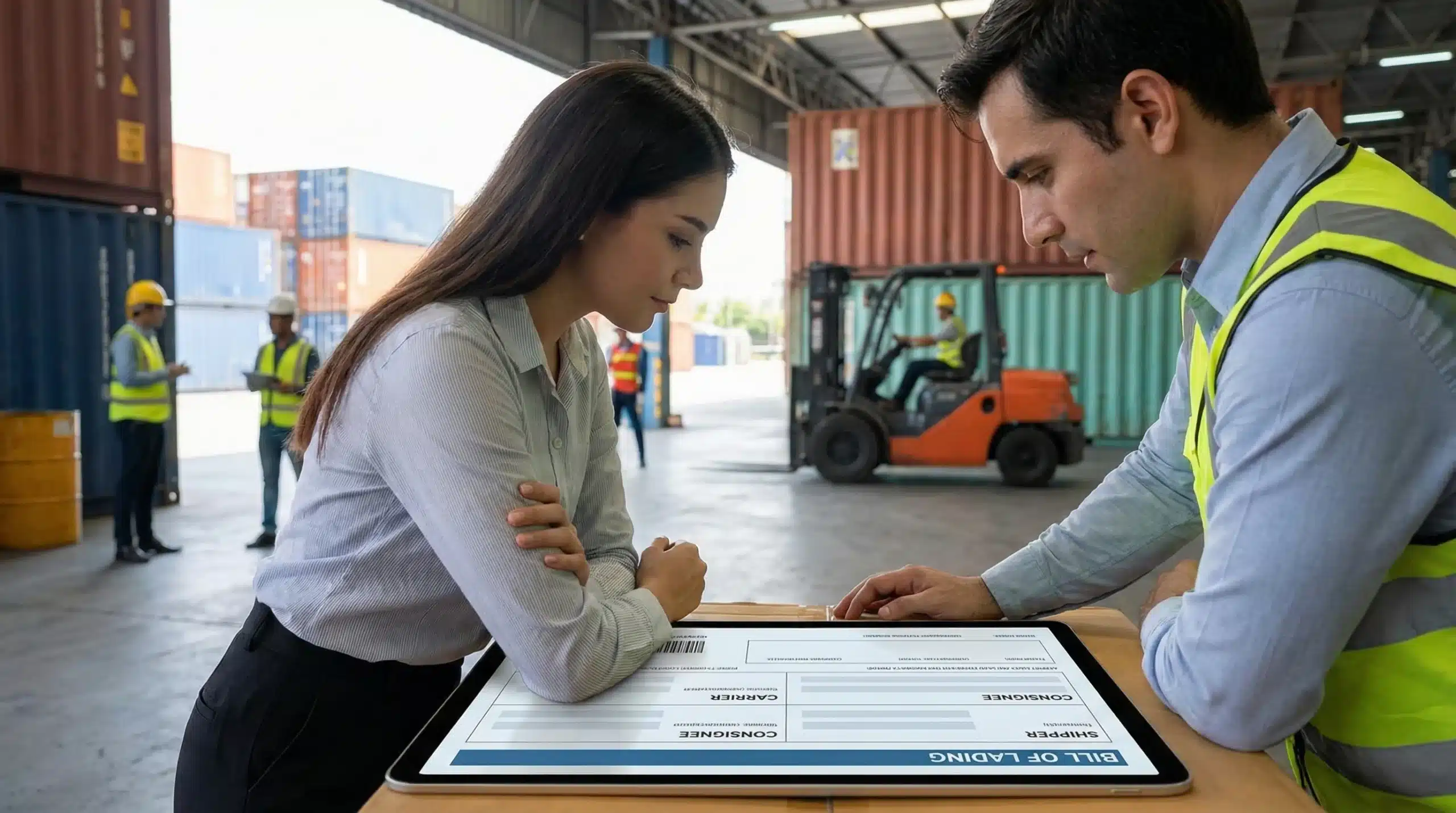 Two professionals reviewing shipping documents on tablet for bill of lading processing