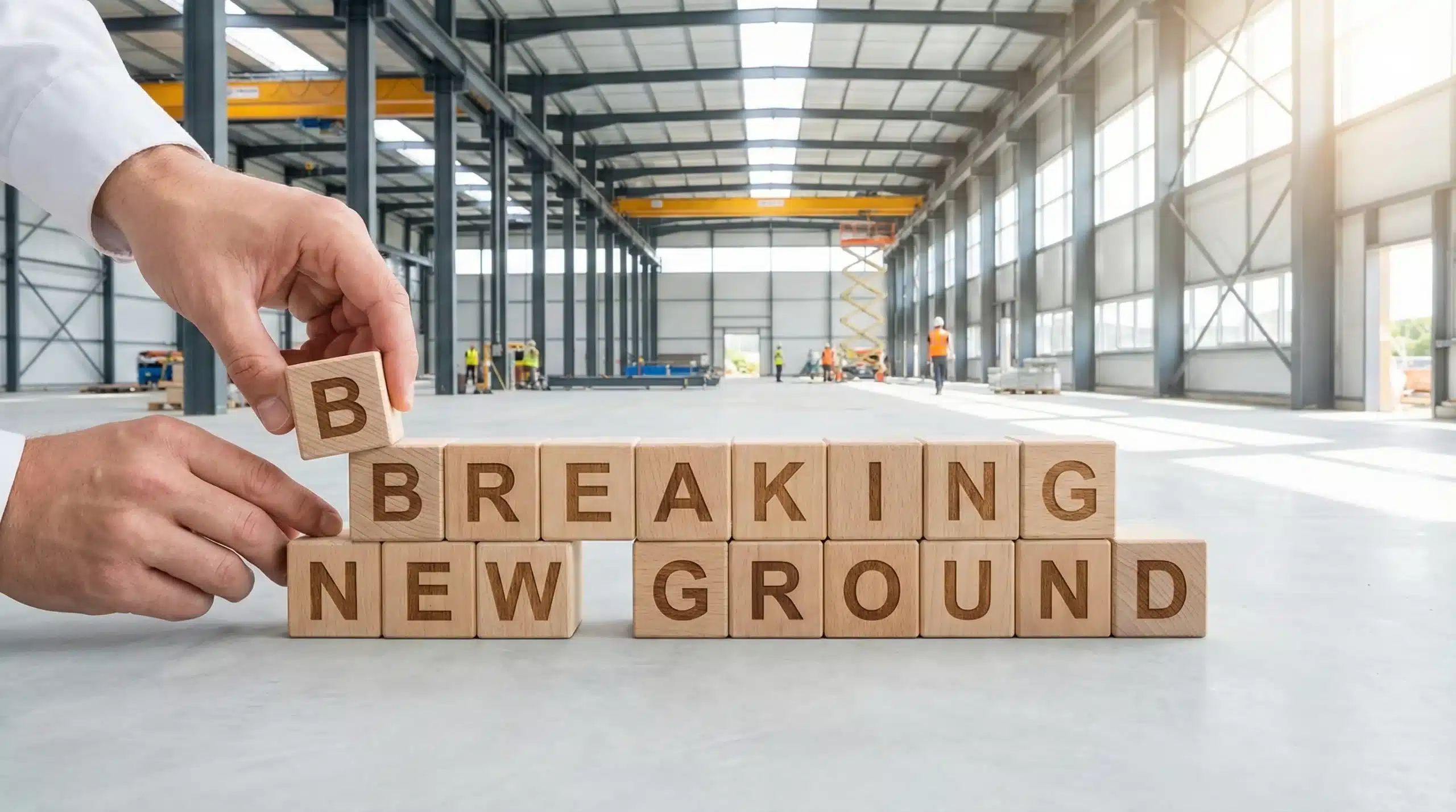 Hands stacking wooden blocks spelling "breaking new ground" for 3PL warehouse expansion
