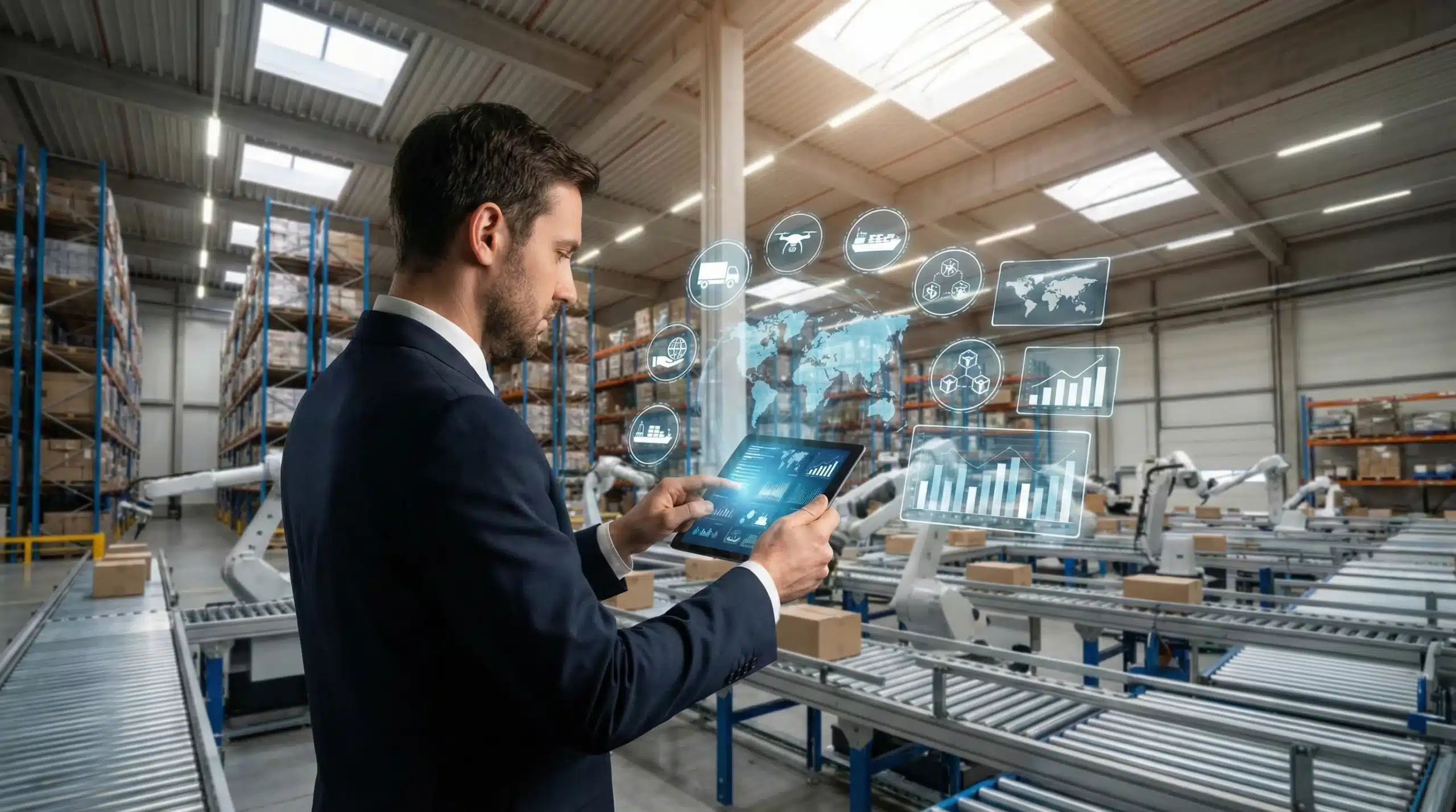 Businessman using tablet with digital supply chain icons in modern warehouse facility