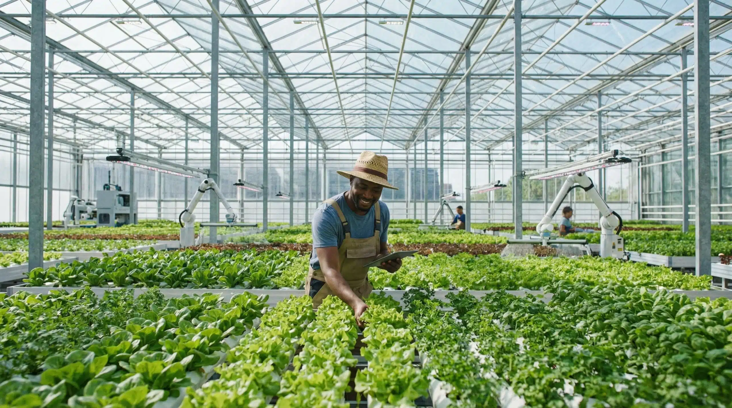 Worker tending to leafy green crops in modern greenhouse nursery facility