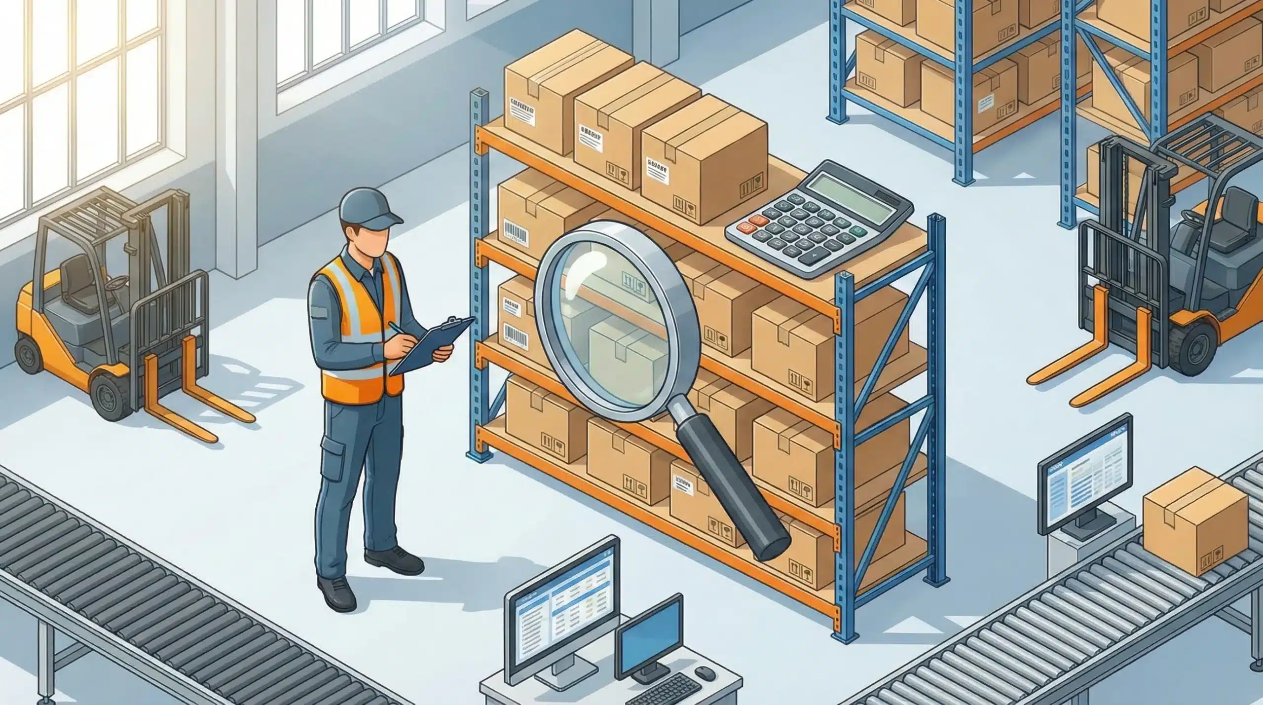 Warehouse worker conducting inventory audit with digital tools and organized storage shelves