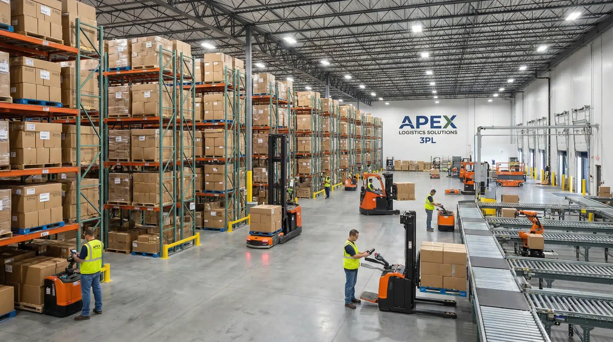 Modern warehouse interior with organized shelving systems and shipping boxes for 3PL operations