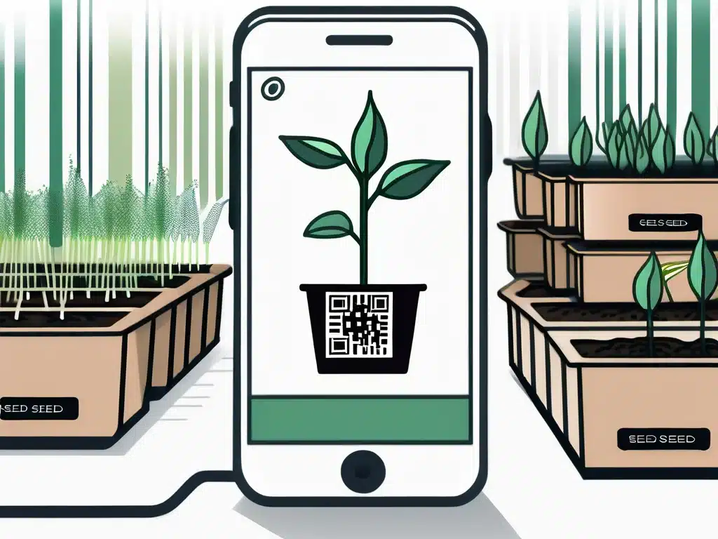 Smartphone displaying plant tracking app with QR code in cannabis cultivation facility