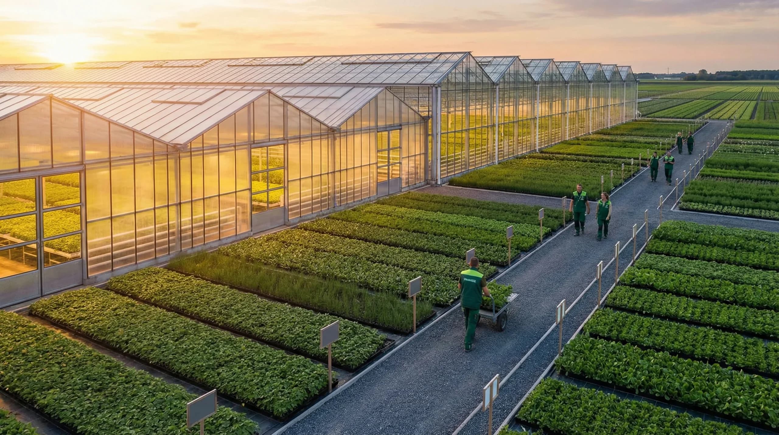 Greenhouse complex at sunset, nursery management software
