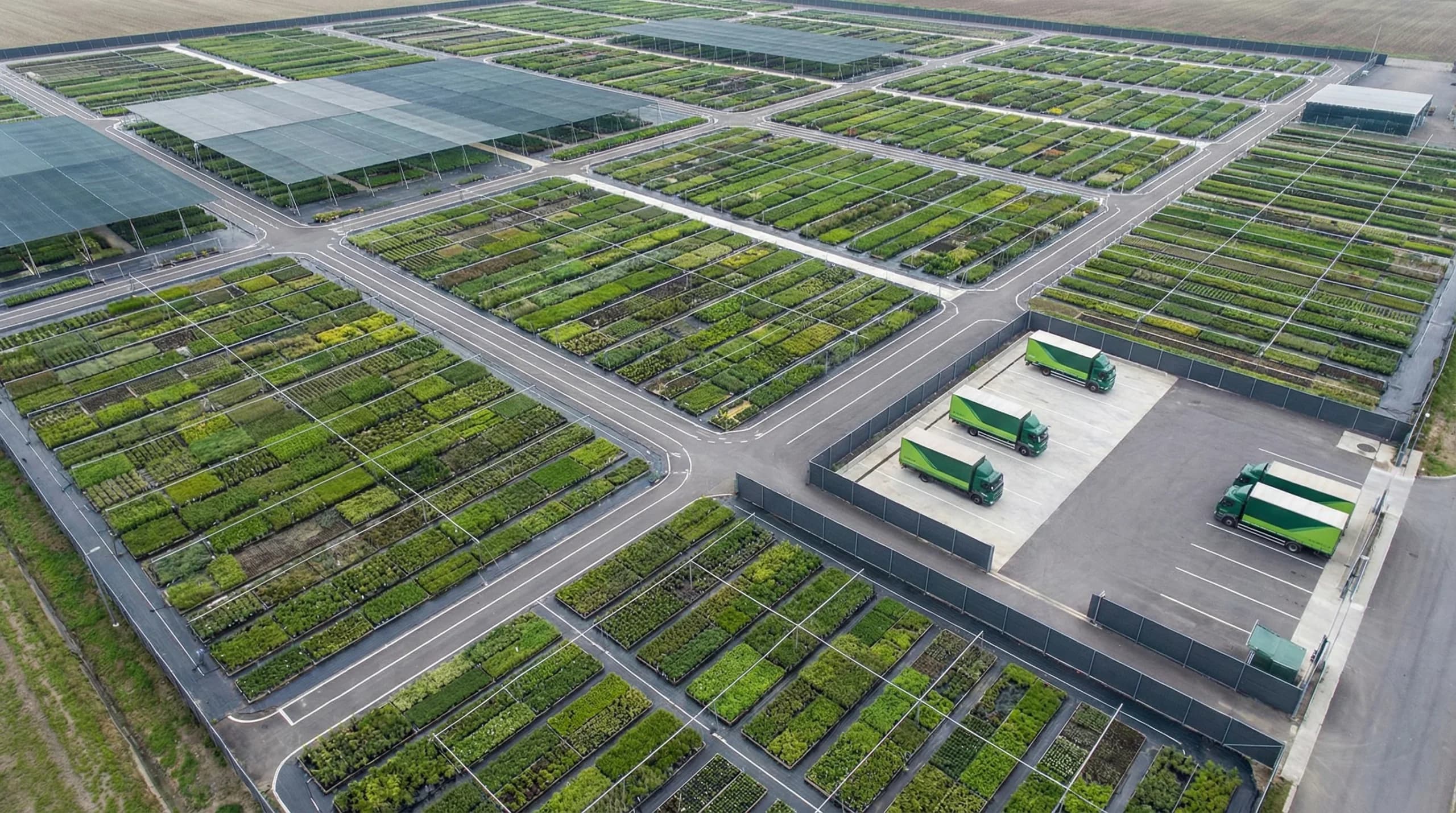 Aerial view of nursery with trucks.