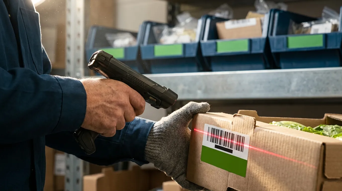 Worker scanning barcode on packed produce carton