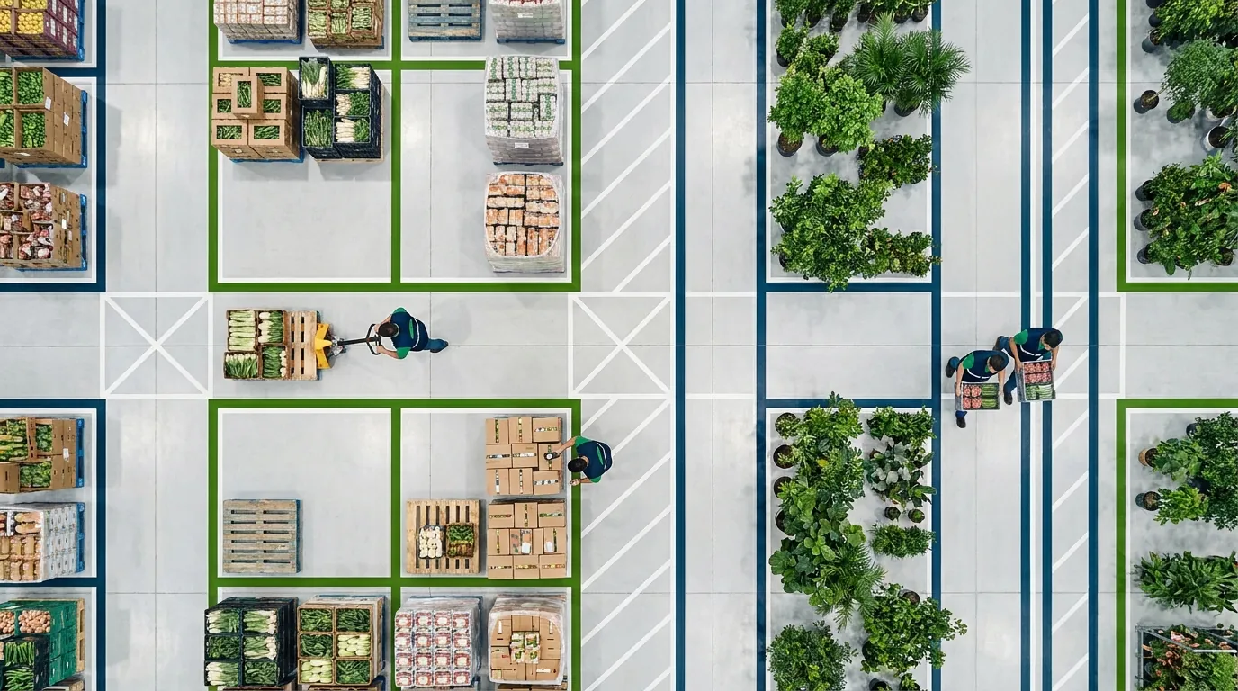 Aerial view of organized warehouse floor zones