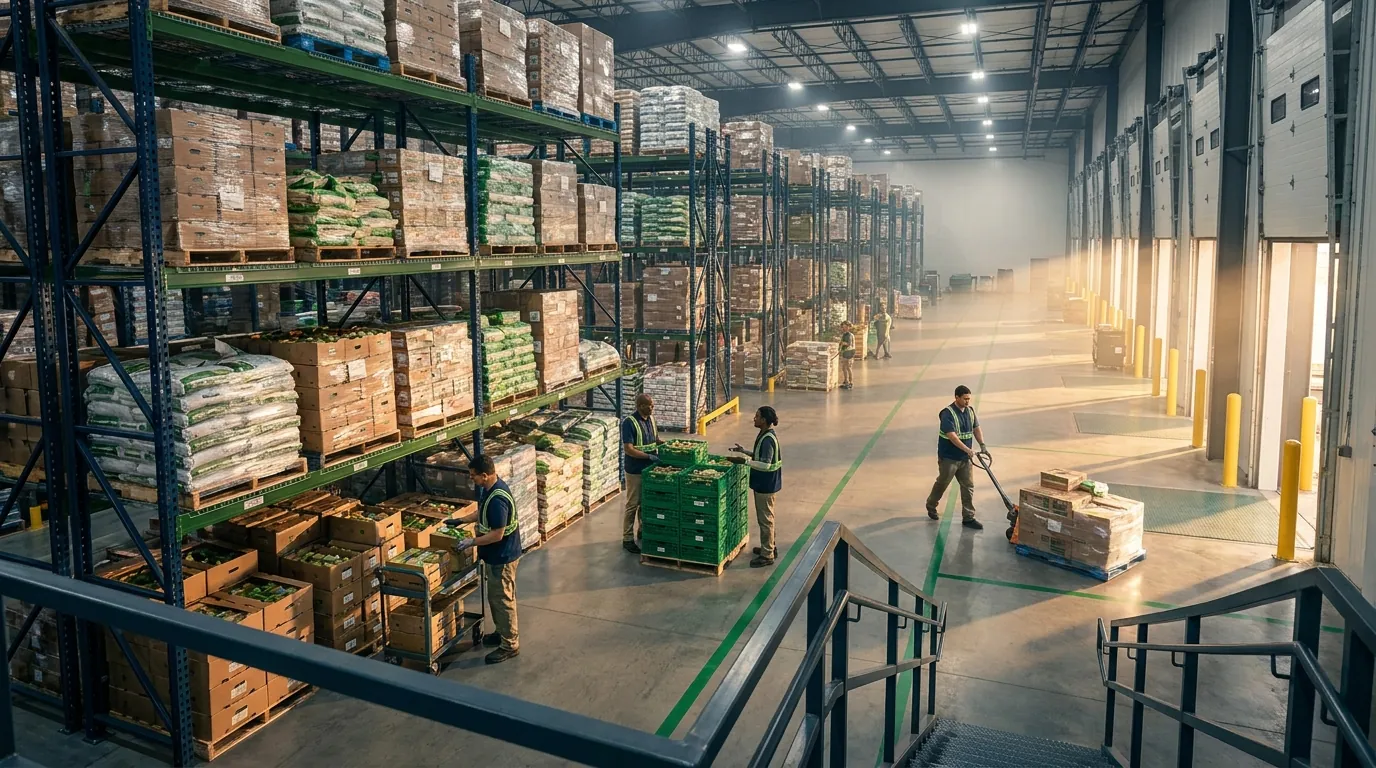 Wide shot of busy produce distribution warehouse operations