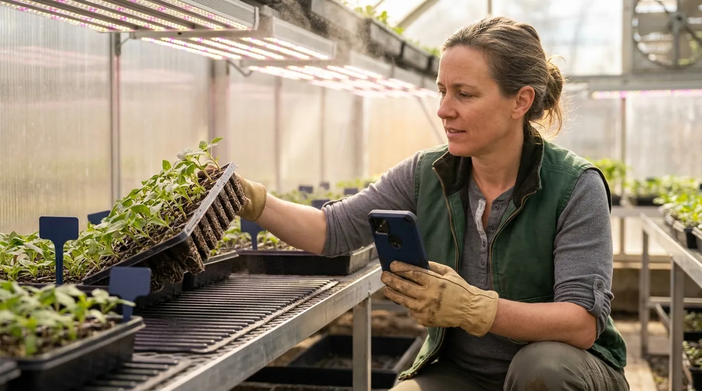 Grower inspecting young transplants in plug trays