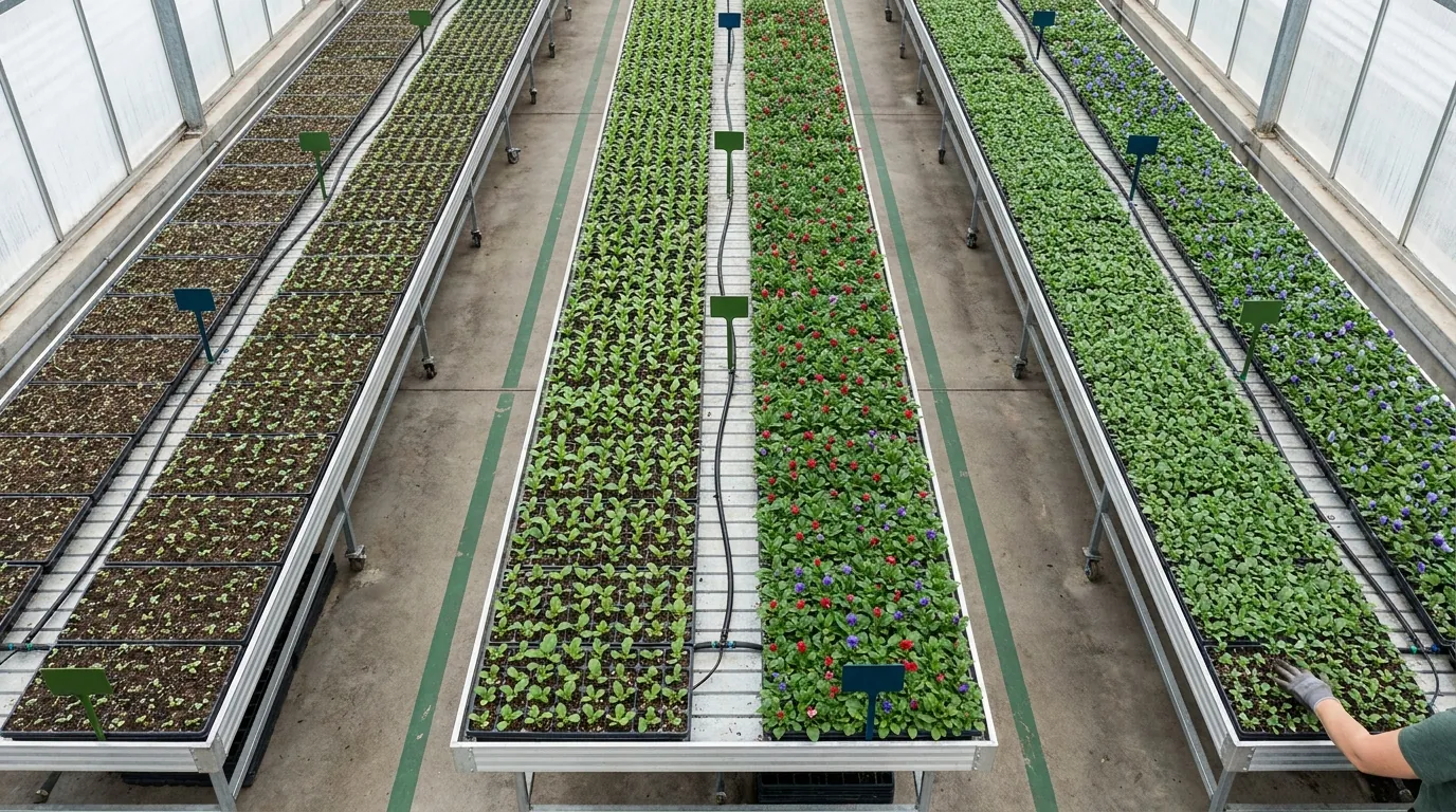 Overhead view of seedling flats on greenhouse benches
