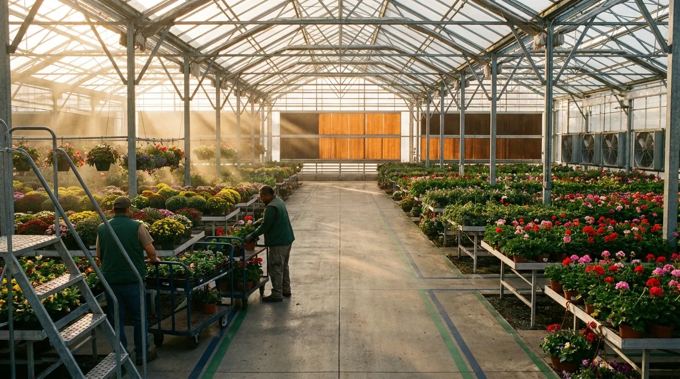 Connected greenhouse range with crops ready for shipping