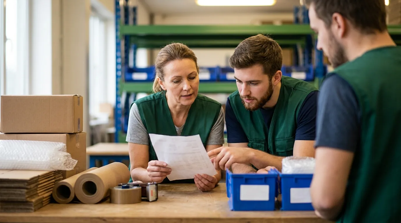 Two warehouse workers reviewing printed pick list at packing station
