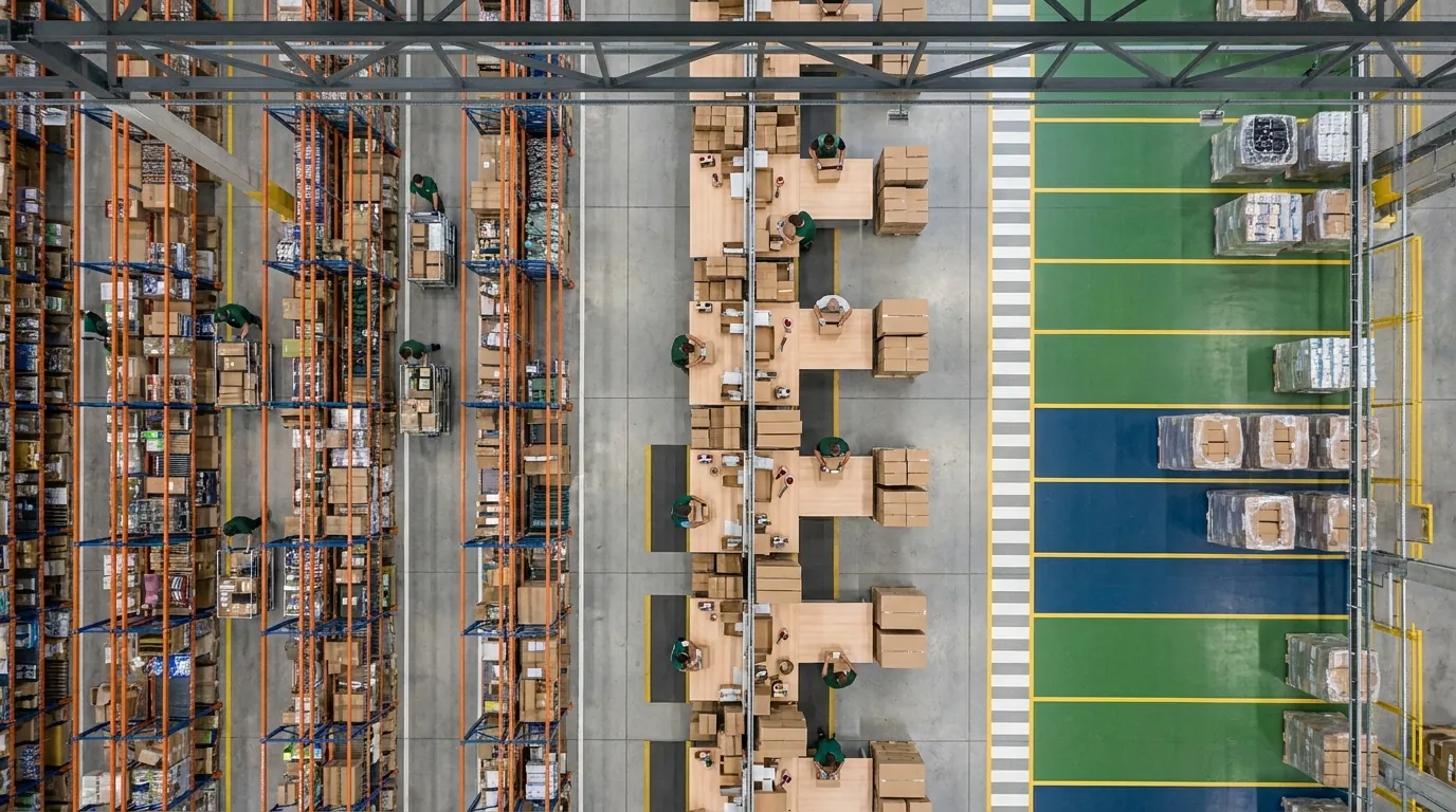 Aerial view of organized pick-pack-ship warehouse floor