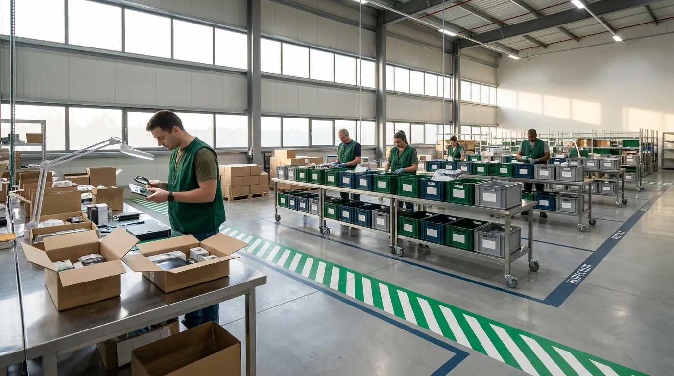 Workers inspecting and sorting returns into categorized bins