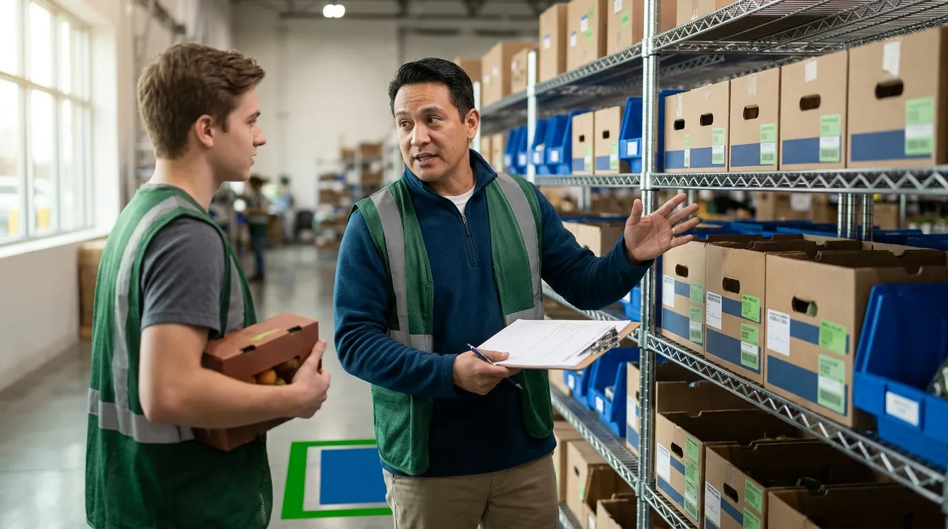 Supervisor with clipboard talking to worker at picking station