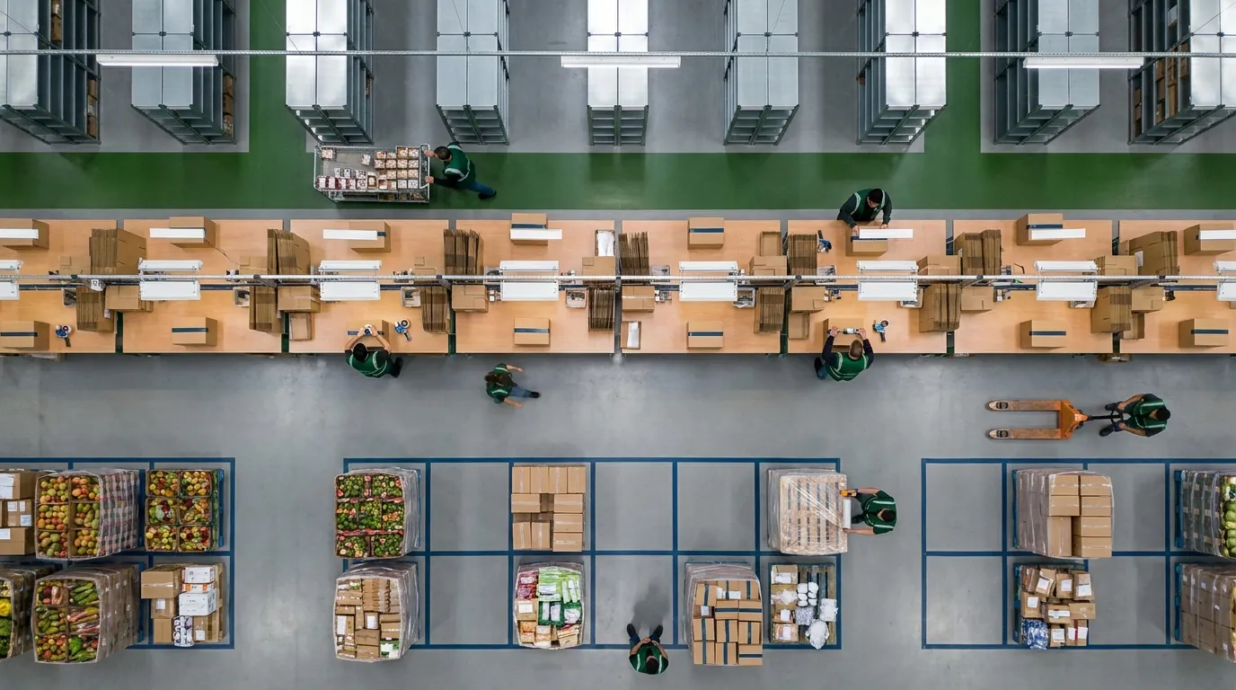 Aerial view of pick-pack-ship area with workers