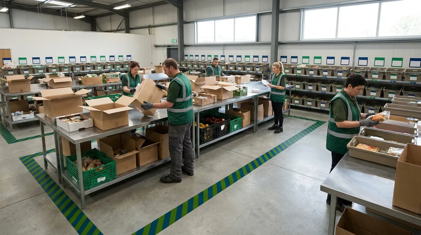 Workers inspecting and sorting products in returns area
