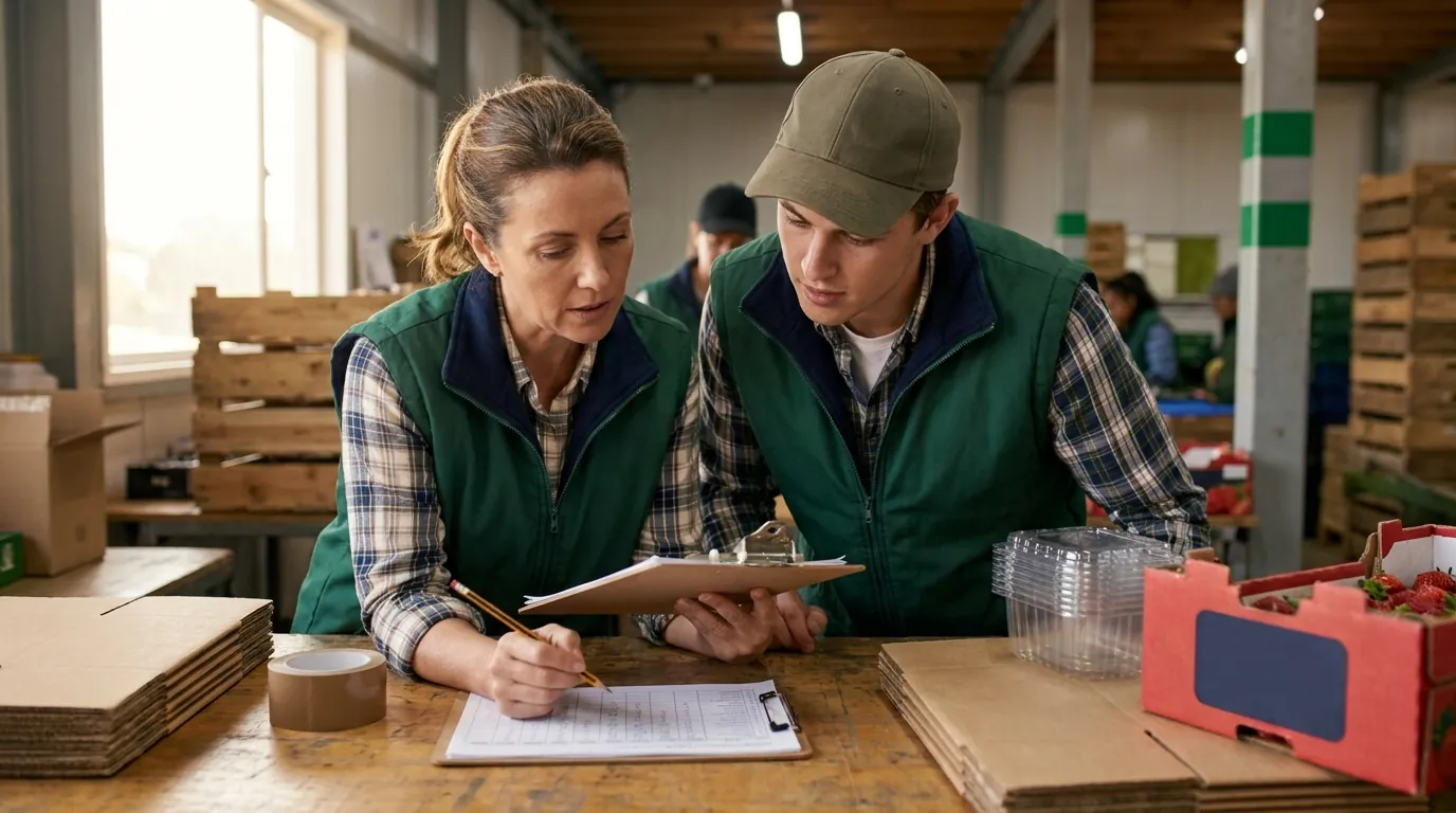 Supervisors reviewing printed harvest tally sheet at packing table